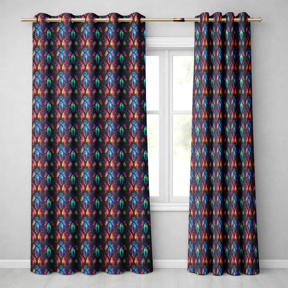 Vibrant Stained Glass Gothic Arch Multicolour Seamless Pattern Readymade Eyelet Ring Top Thermal 100% Blackout Curtains