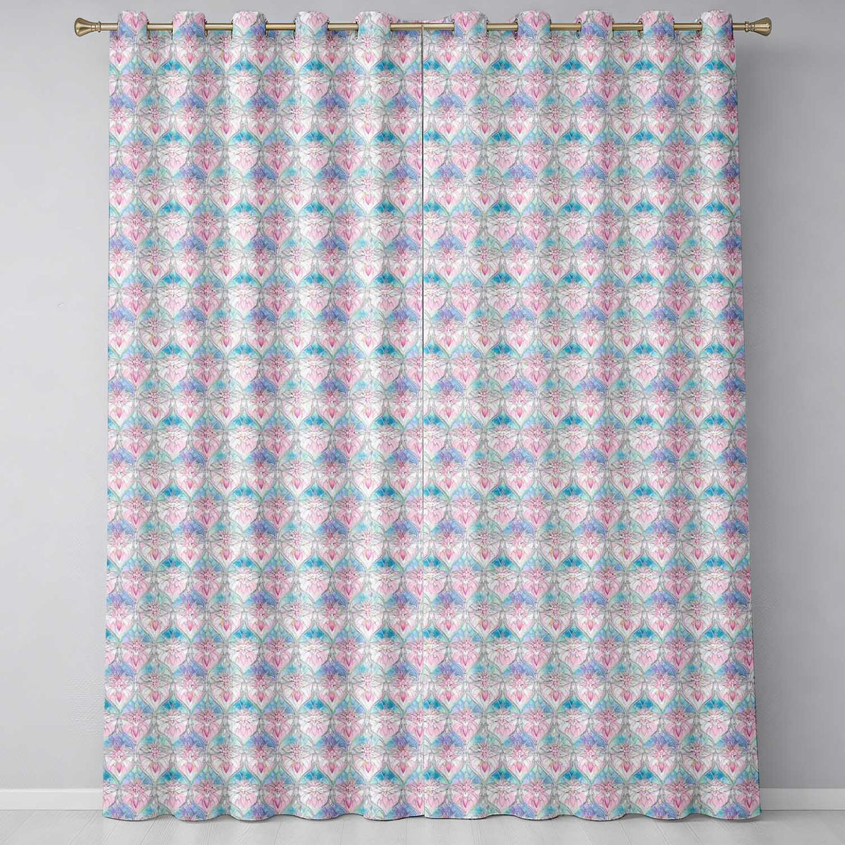 Pastel Art Nouveau Floral Soft Pink and Blue Seamless Pattern Readymade Eyelet Ring Top Thermal 100% Blackout Curtains