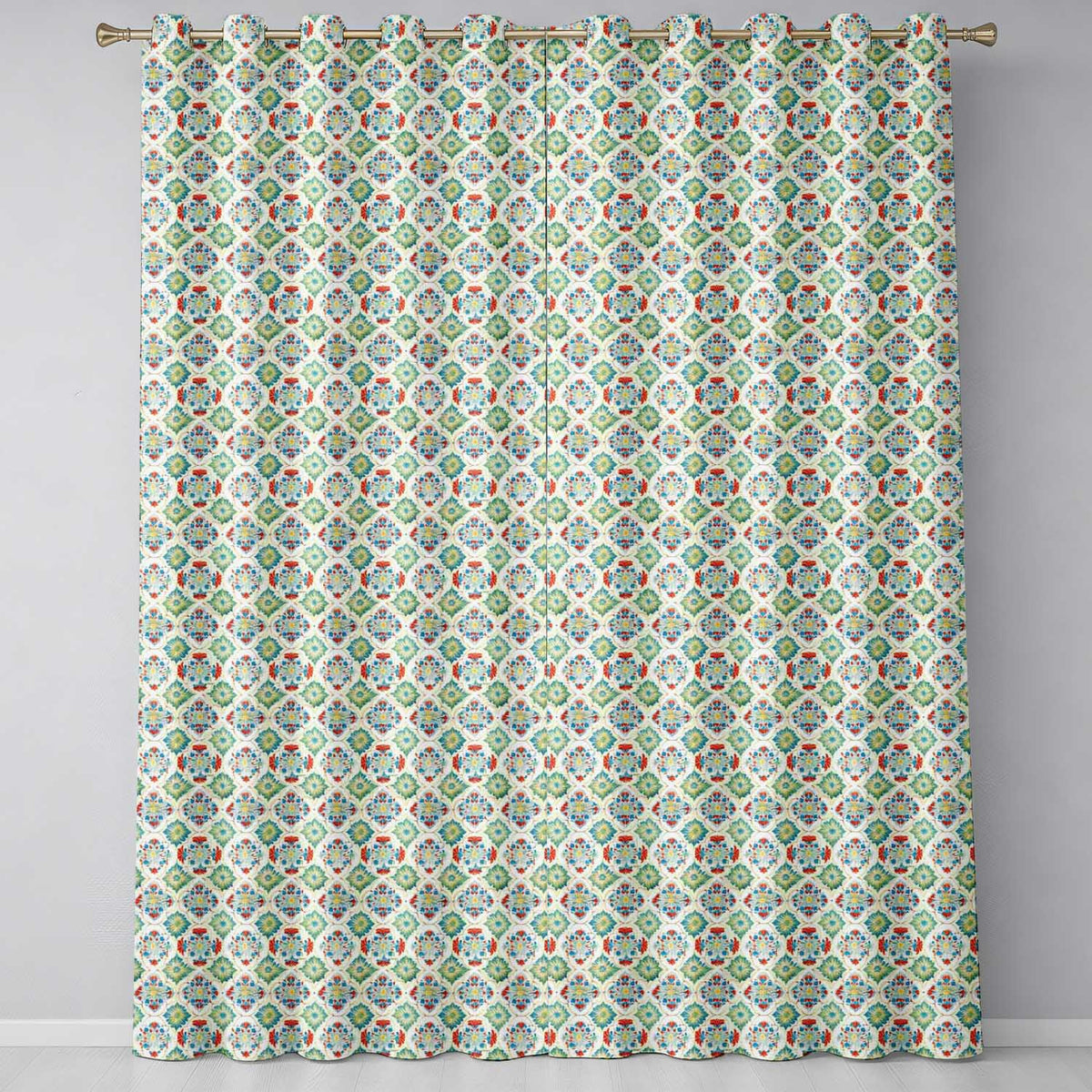 Colorful Ornamental Floral Tile Red Blue and Green Seamless Pattern Readymade Eyelet Ring Top Thermal 100% Blackout Curtains