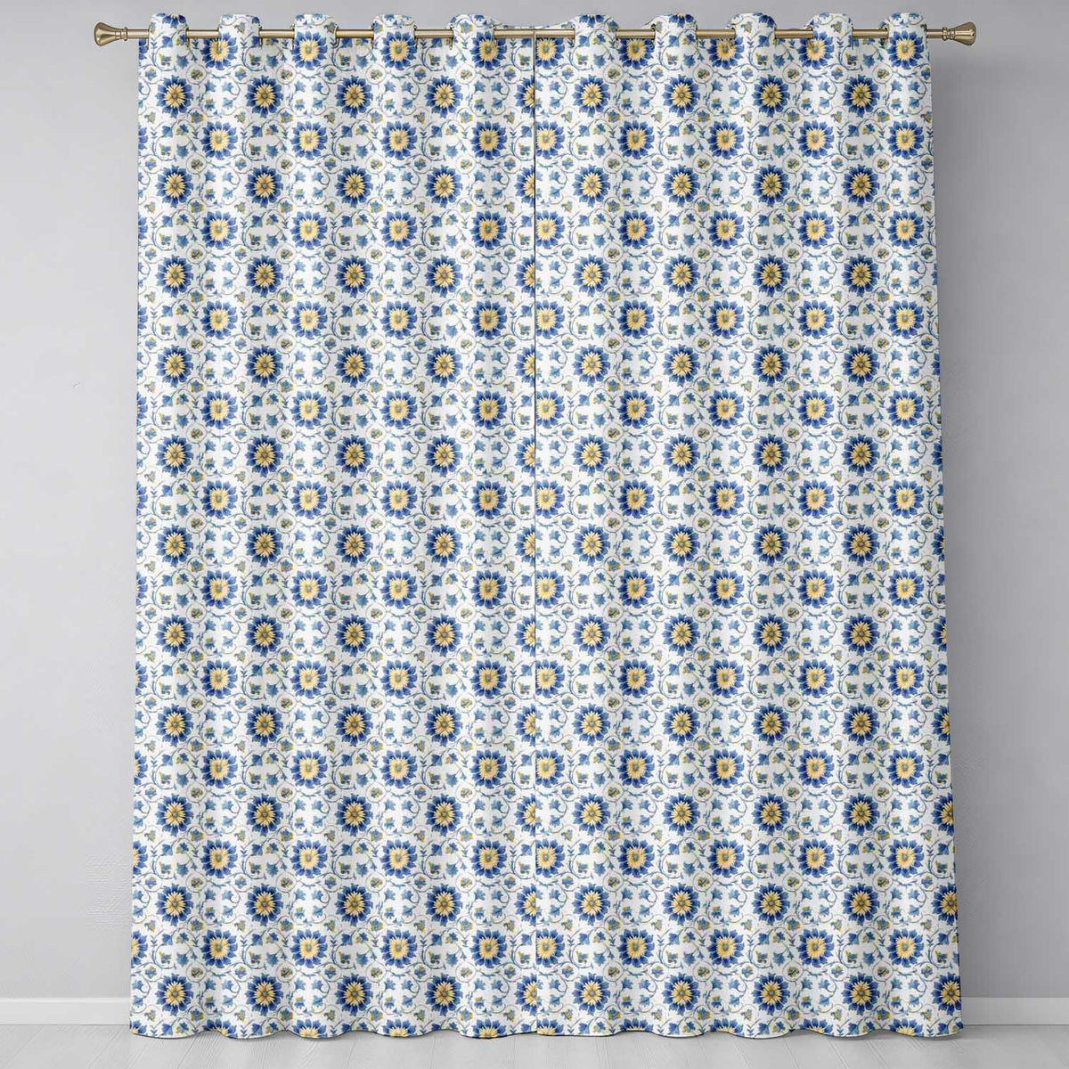 Traditional Blue Floral Vine Pattern Cream Background Seamless Pattern Readymade Eyelet Ring Top Thermal 100% Blackout Curtains