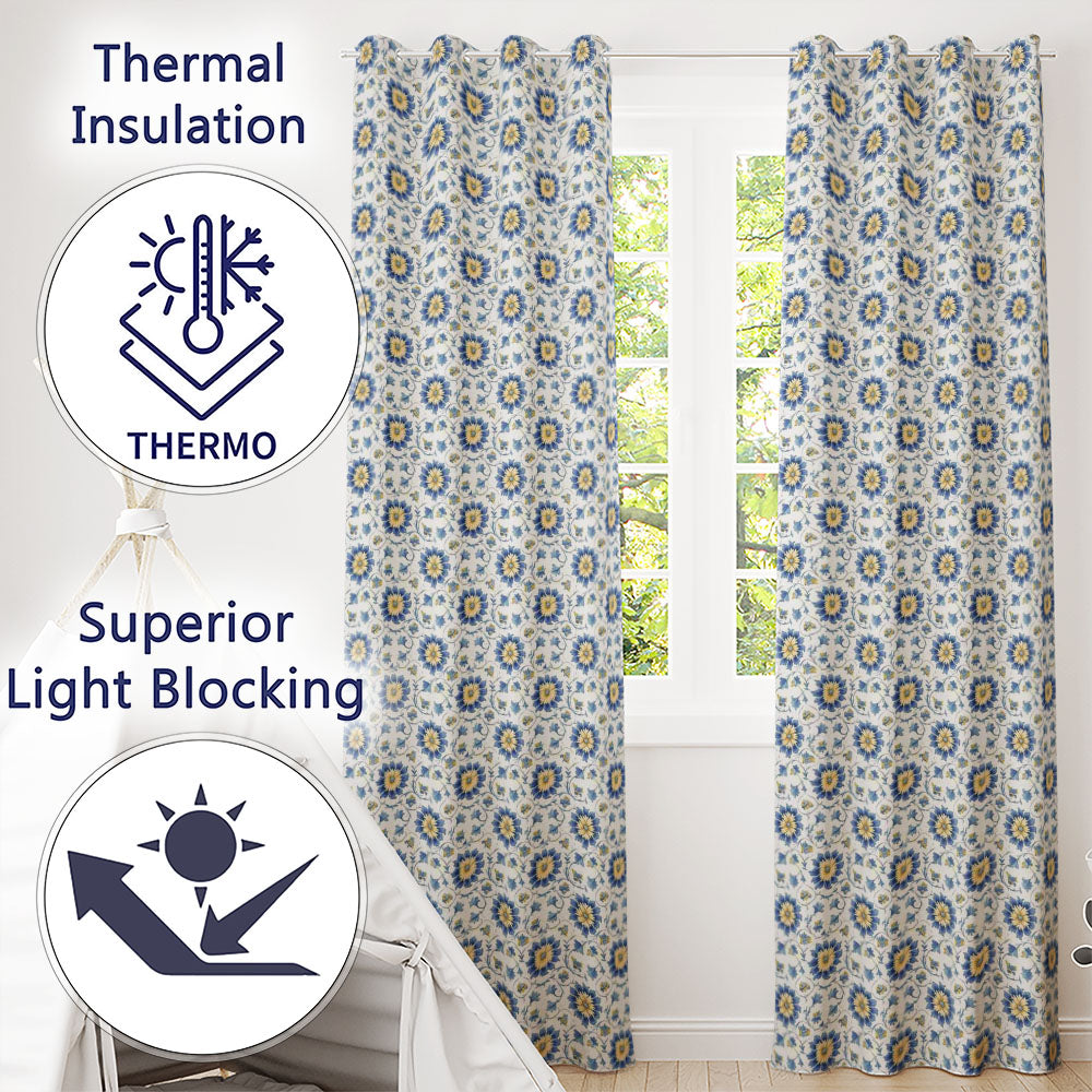 Traditional Blue Floral Vine Pattern Cream Background Seamless Pattern Readymade Eyelet Ring Top Thermal 100% Blackout Curtains