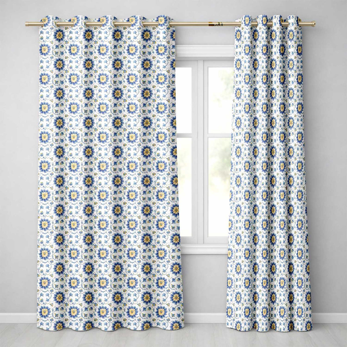 Traditional Blue Floral Vine Pattern Cream Background Seamless Pattern Readymade Eyelet Ring Top Thermal 100% Blackout Curtains