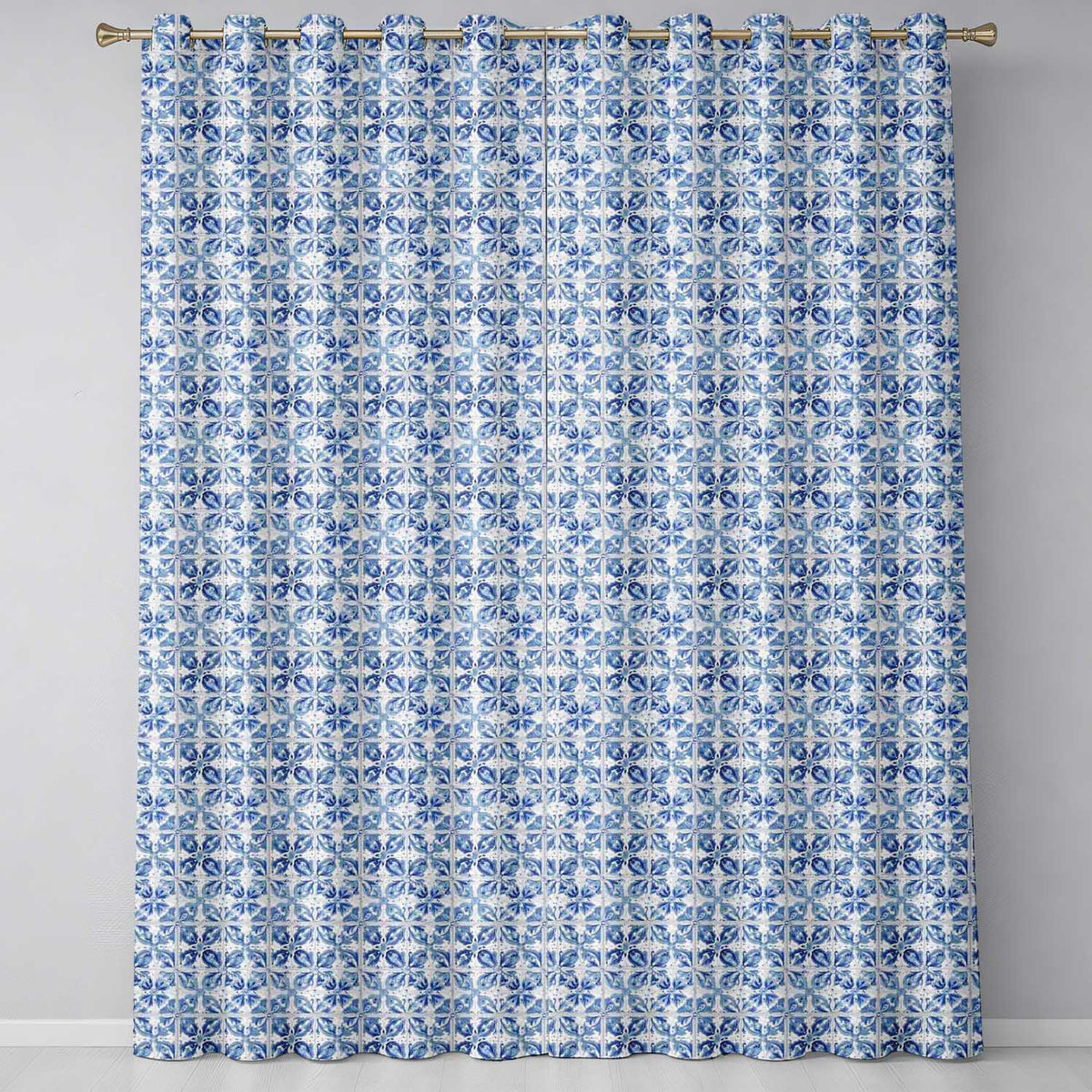 Classic Blue White Portuguese Tile Floral Seamless Pattern Readymade Eyelet Ring Top Thermal 100% Blackout Curtains