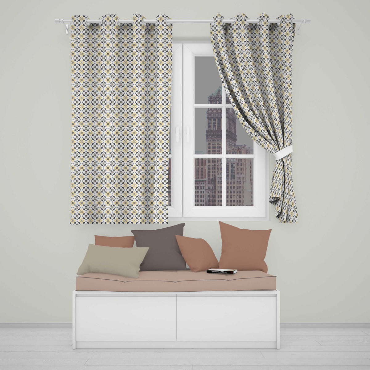 Stylish Black Gold Floral Tile Motif Seamless Pattern Readymade Eyelet Ring Top Thermal 100% Blackout Curtains