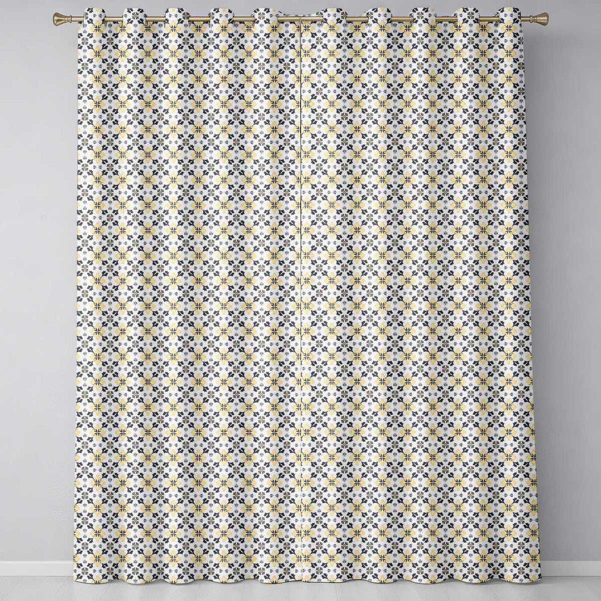 Stylish Black Gold Floral Tile Motif Seamless Pattern Readymade Eyelet Ring Top Thermal 100% Blackout Curtains