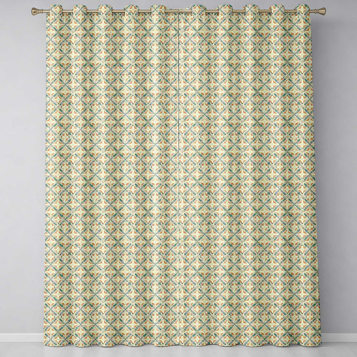 Orange Teal Geometric Floral Tile Seamless Pattern Readymade Eyelet Ring Top Thermal 100% Blackout Curtains