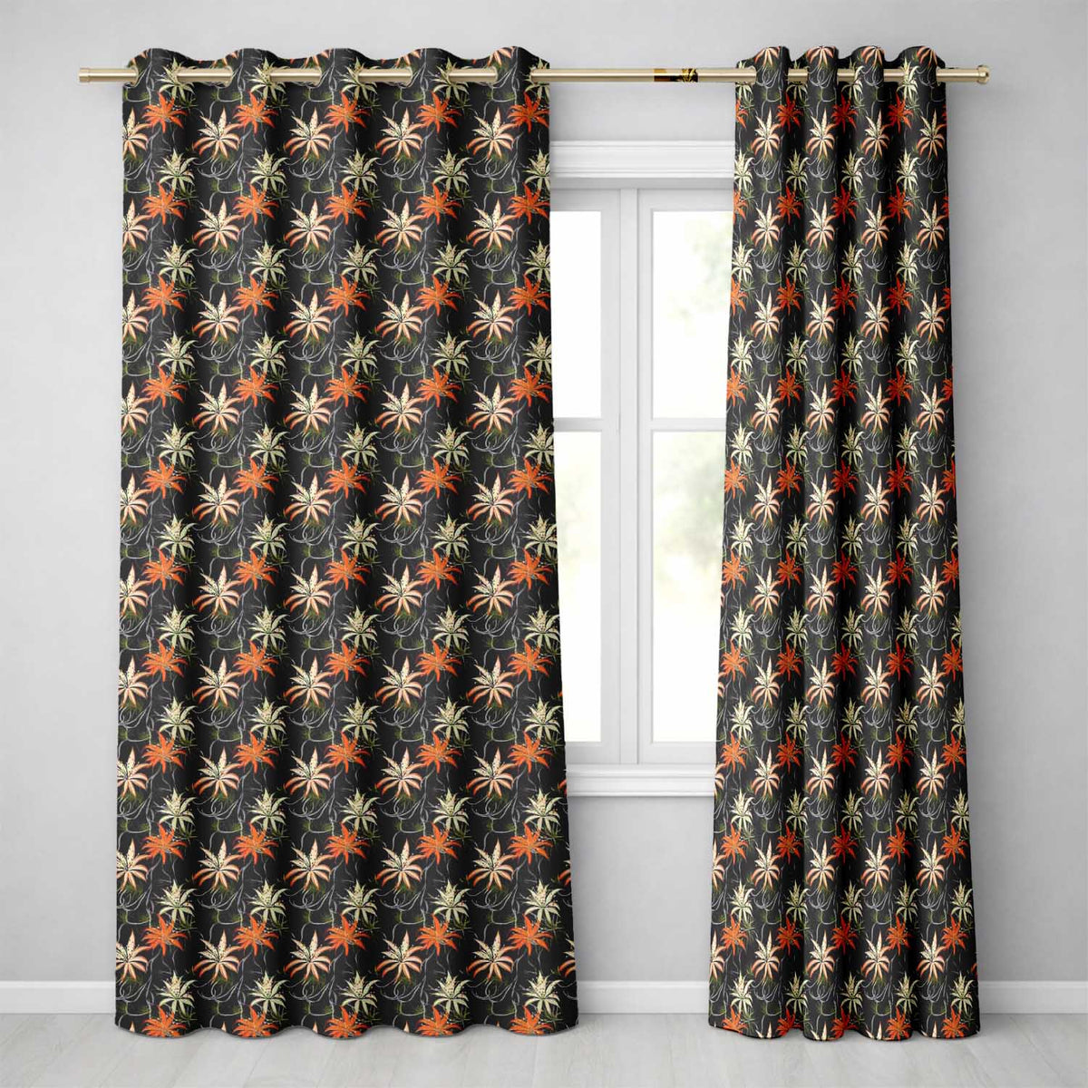 Elegant Orange Lily Flowers on Dark Background Seamless Pattern Readymade Eyelet Ring Top Thermal 100% Blackout Curtains