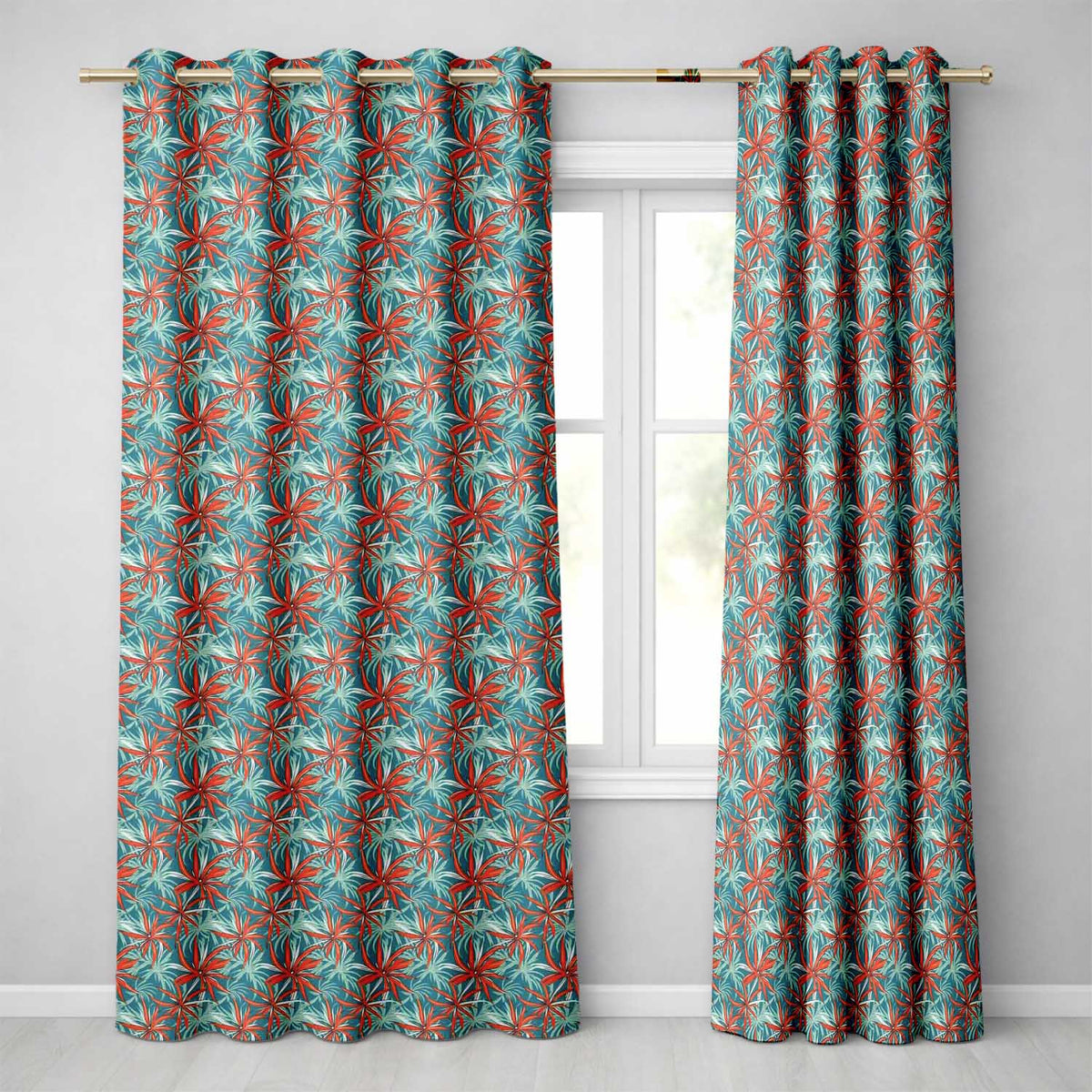 Bold Red Floral Starburst Teal Background Seamless Pattern Readymade Eyelet Ring Top Thermal 100% Blackout Curtains