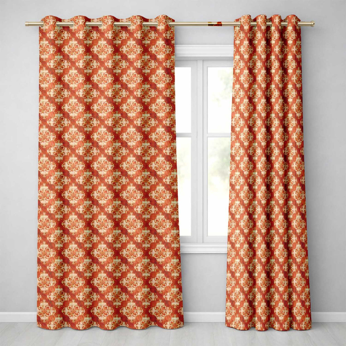 Vintage Orange Damask Ornamental Texture Seamless Pattern Readymade Eyelet Ring Top Thermal 100% Blackout Curtains