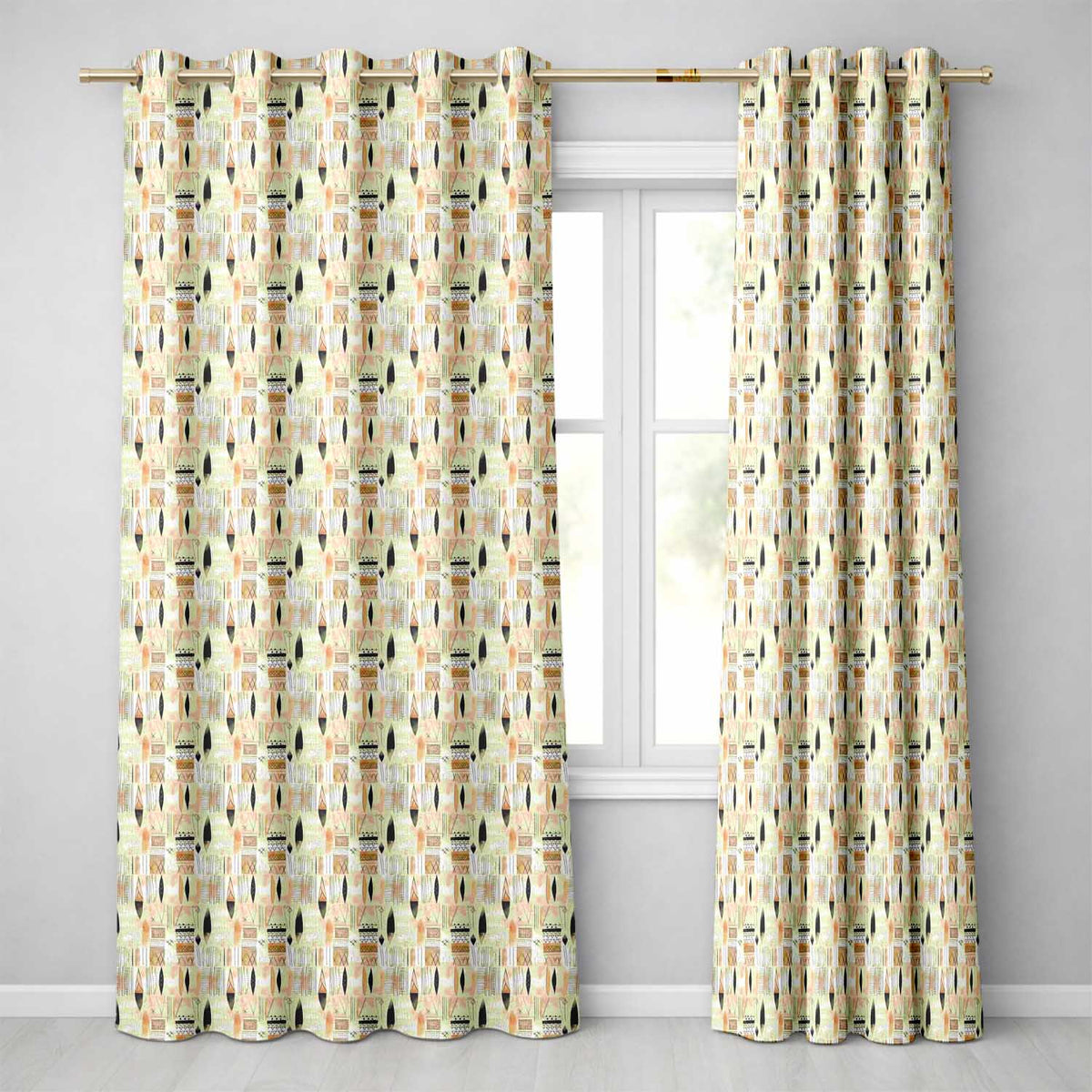 Neutral Tribal Geometric Shapes Earth Tone Watercolor Seamless Pattern Readymade Eyelet Ring Top Thermal 100% Blackout Curtains