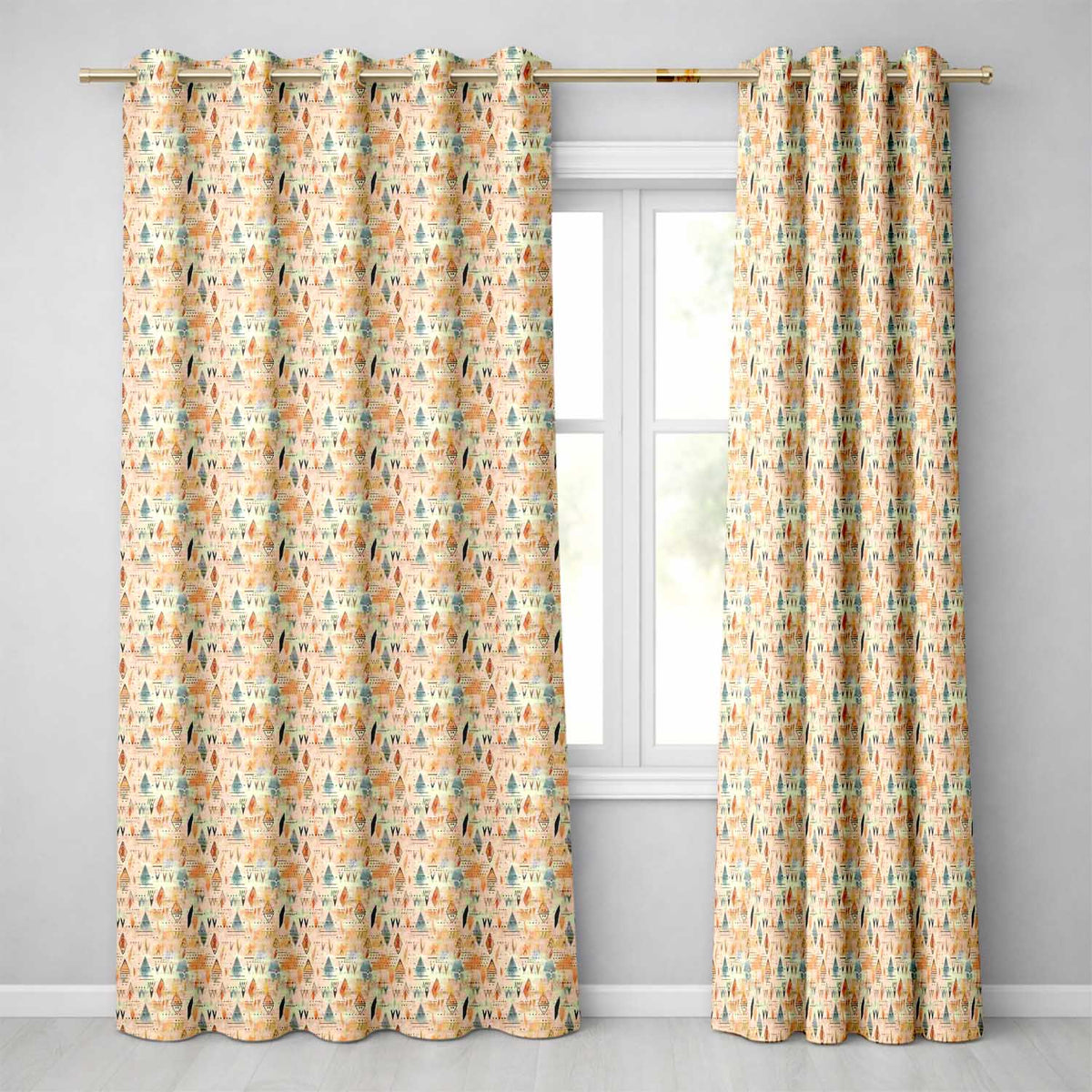Abstract Tribal Symbols Soft Blue Orange Watercolor Seamless Pattern Readymade Eyelet Ring Top Thermal 100% Blackout Curtains