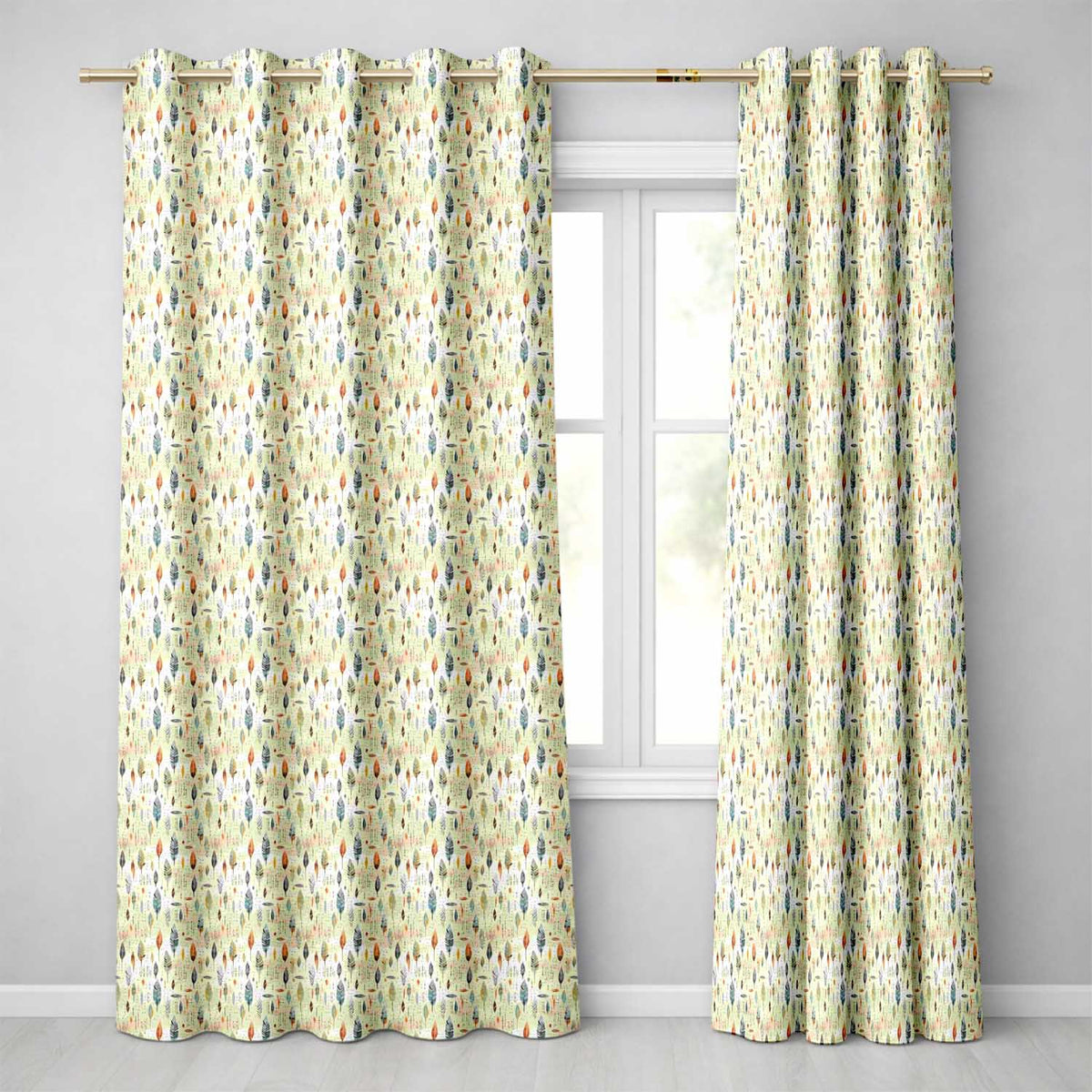 Delicate Feather Leaves Scandinavian Style Seamless Pattern Readymade Eyelet Ring Top Thermal 100% Blackout Curtains