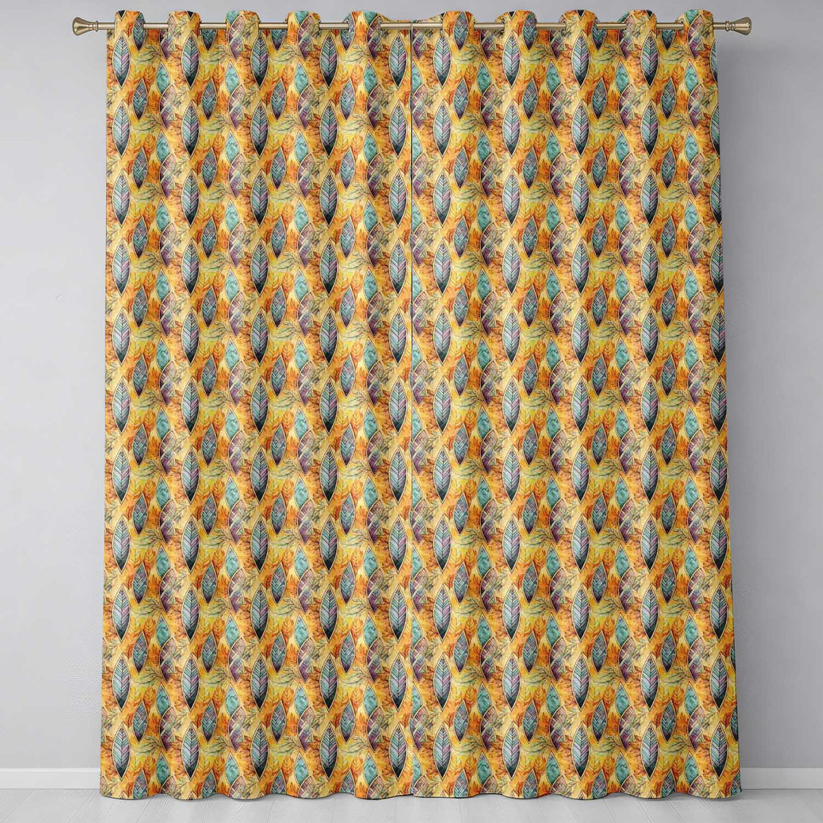 Elegant Feather Leaves Boho Earth Tones Seamless Pattern Readymade Eyelet Ring Top Thermal 100% Blackout Curtains