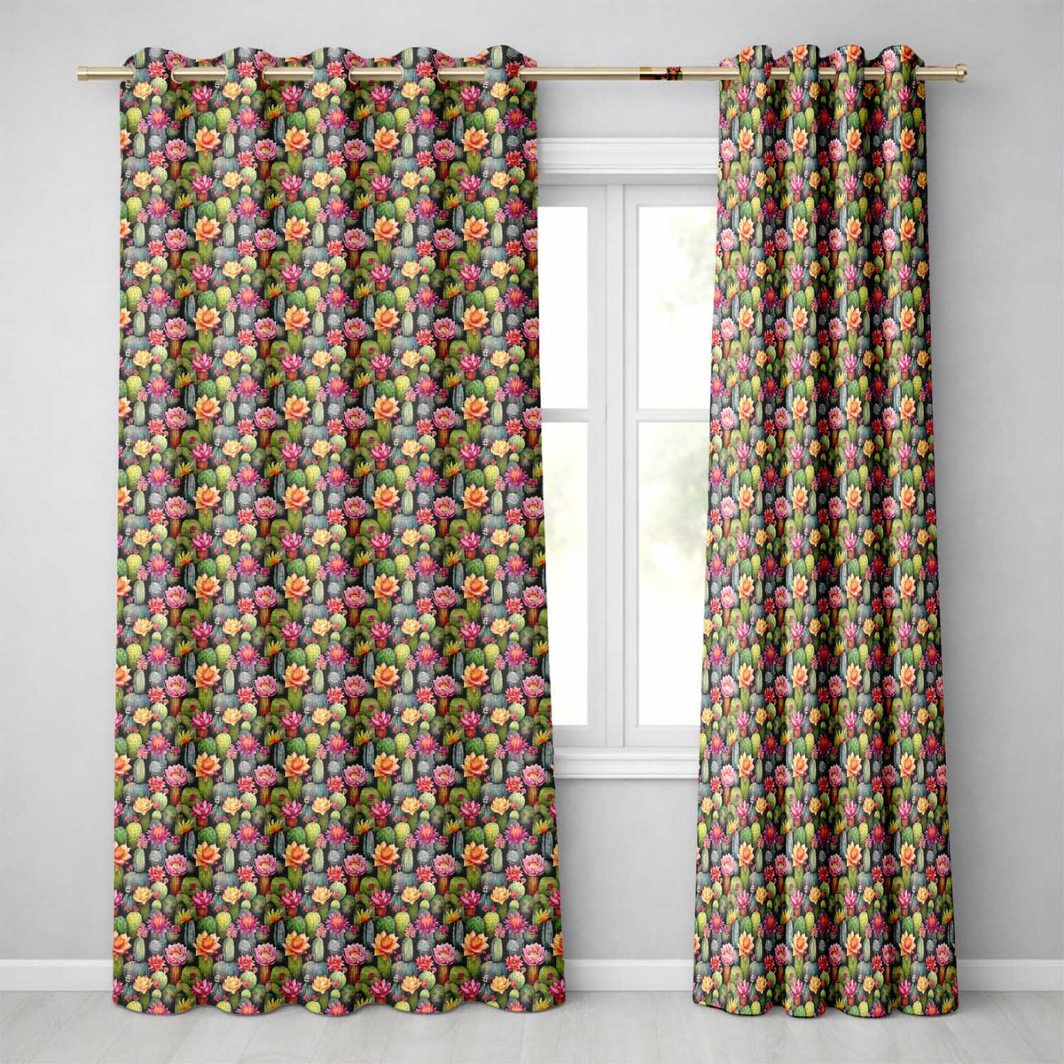 Vibrant Blooming Cactus Desert Garden Dark Background Seamless Pattern Readymade Eyelet Ring Top Thermal 100% Blackout Curtains