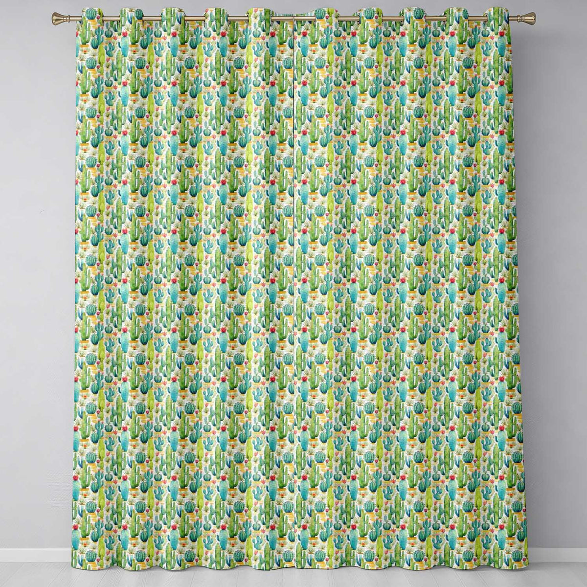 Colorful Desert Cactus Garden Watercolor Botanical Seamless Pattern Readymade Eyelet Ring Top Thermal 100% Blackout Curtains