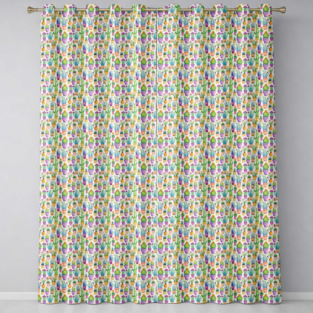 Colorful Pastel Cactus Succulent Garden Bright Seamless Pattern Readymade Eyelet Ring Top Thermal 100% Blackout Curtains