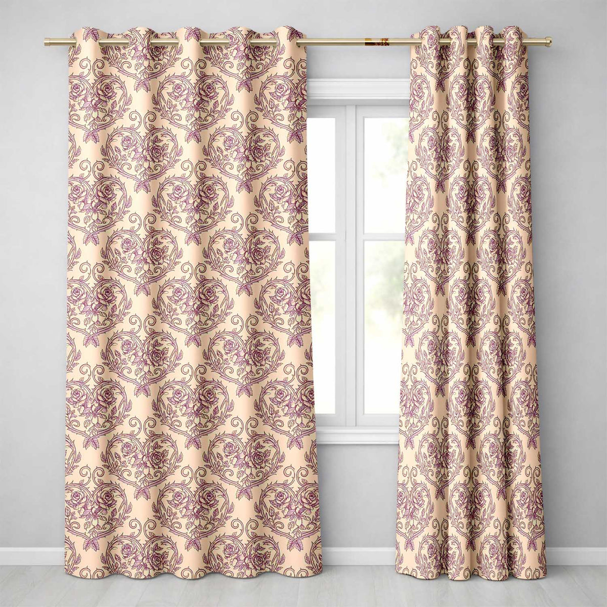 Vintage Rose Heart Scroll Ornamental Seamless Pattern Readymade Eyelet Ring Top Thermal 100% Blackout Curtains