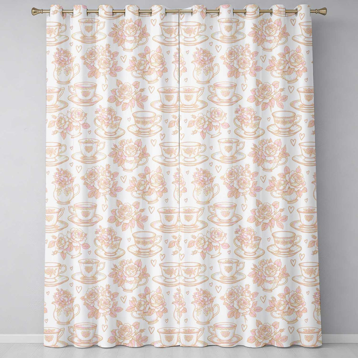 Delicate Rose Teacup Floral Romantic Seamless Pattern Readymade Eyelet Ring Top Thermal 100% Blackout Curtains