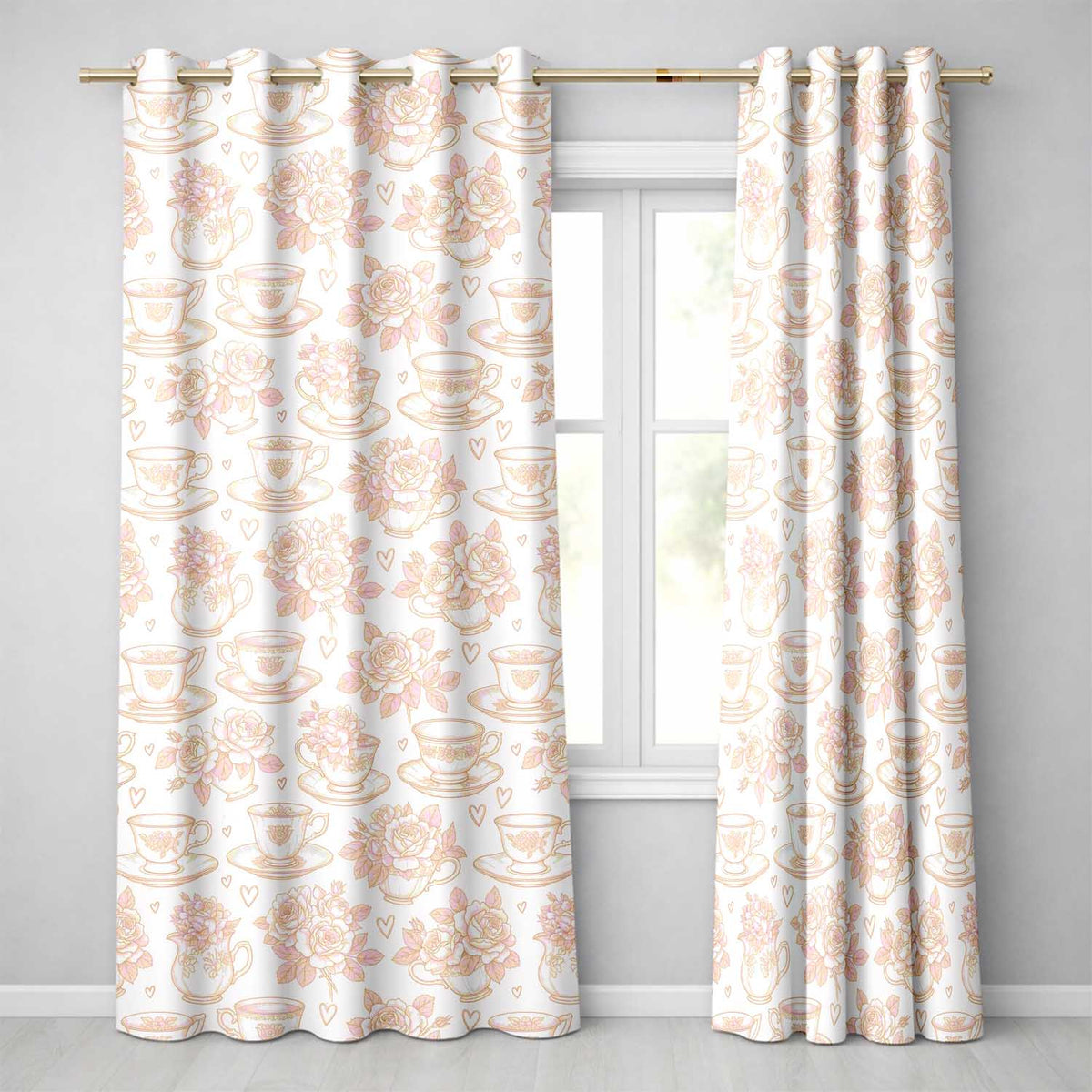 Delicate Rose Teacup Floral Romantic Seamless Pattern Readymade Eyelet Ring Top Thermal 100% Blackout Curtains