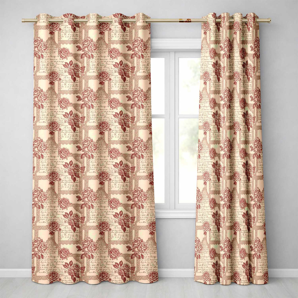 Vintage Rose Script Frame Elegant Seamless Pattern Readymade Eyelet Ring Top Thermal 100% Blackout Curtains
