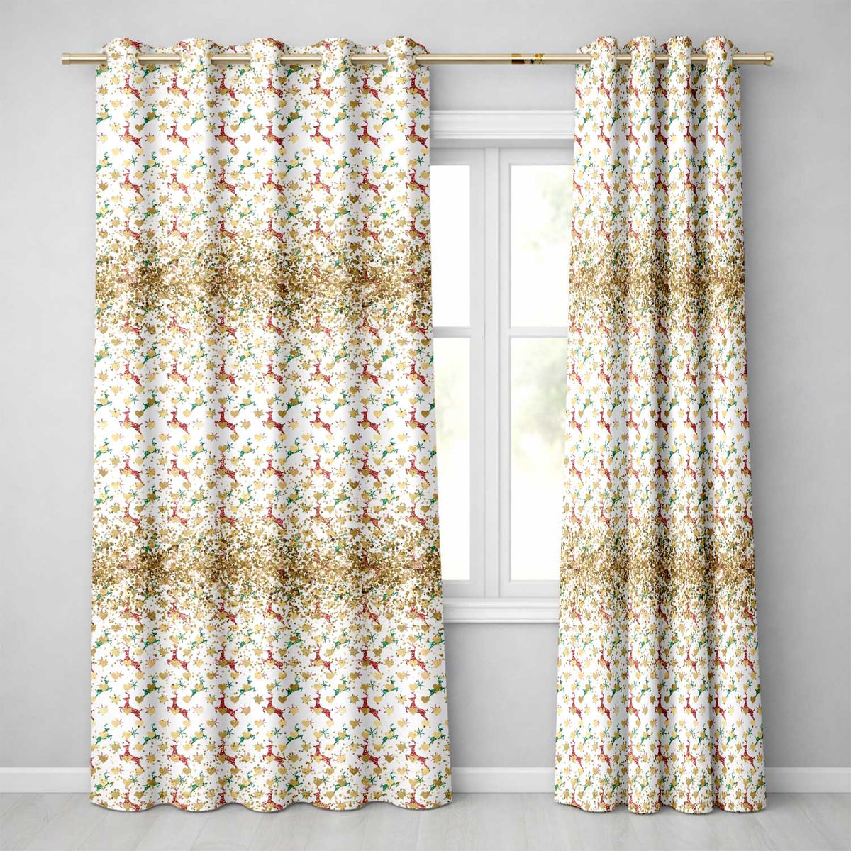 Gold Reindeer Heart Confetti Seamless Pattern Readymade Eyelet Ring Top Thermal 100% Blackout Curtains