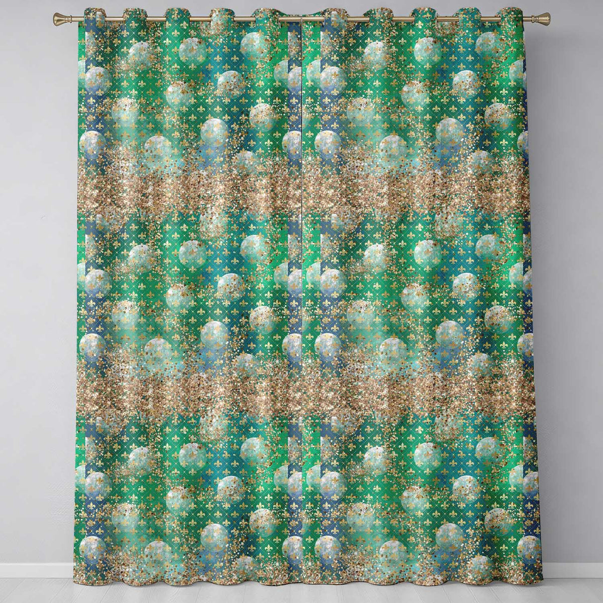 Teal Gold Fleur De Lis Ornament Seamless Pattern Readymade Eyelet Ring Top Thermal 100% Blackout Curtains