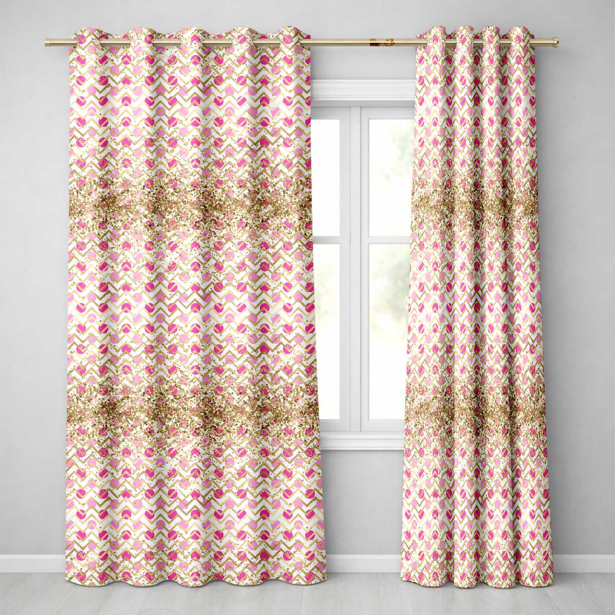 Pink Gold Chevron Glitter Dot Seamless Pattern Readymade Eyelet Ring Top Thermal 100% Blackout Curtains