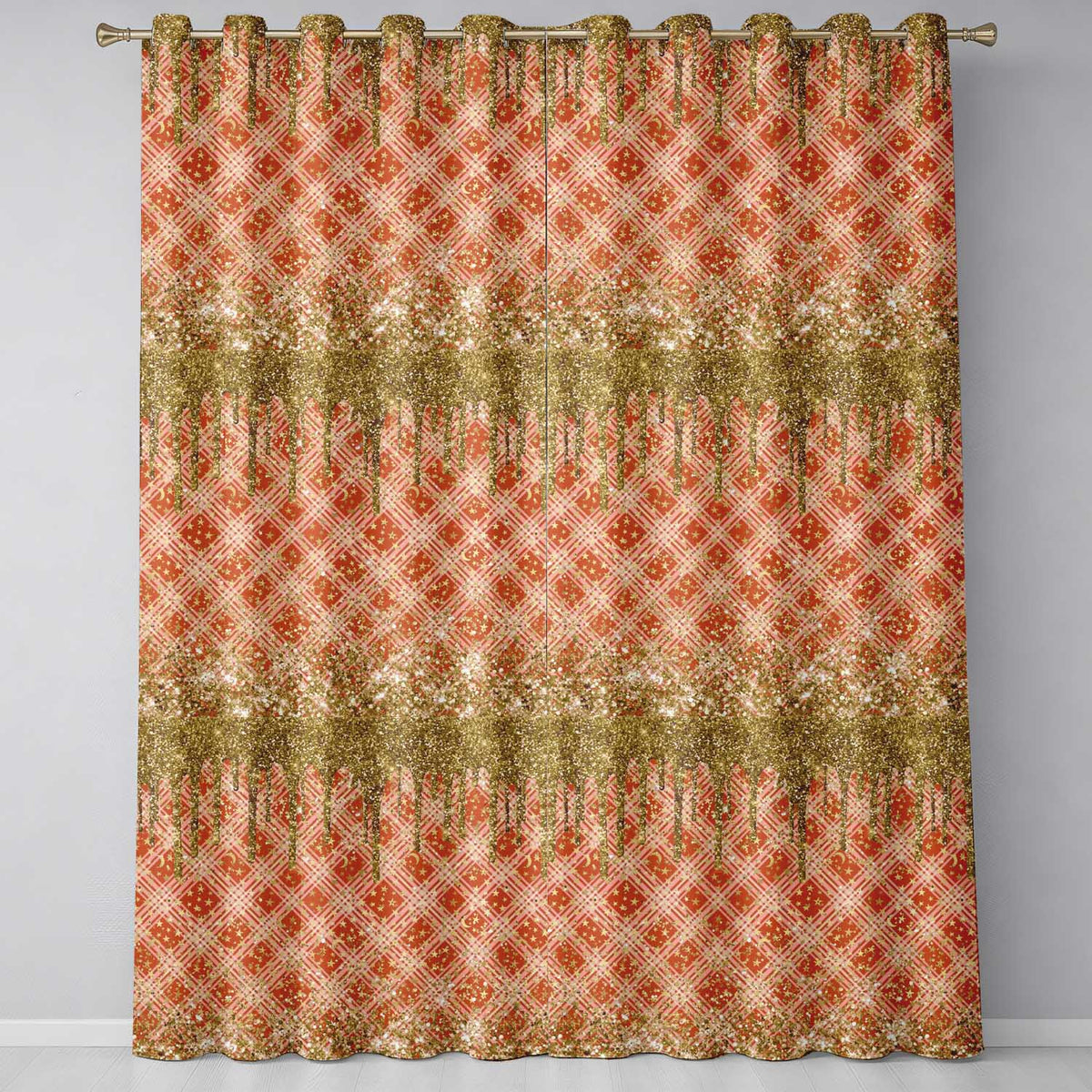Gold Glitter Drip Red Plaid Star Seamless Pattern Readymade Eyelet Ring Top Thermal 100% Blackout Curtains