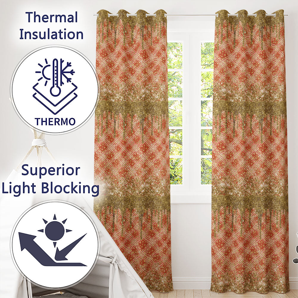 Gold Glitter Drip Red Plaid Star Seamless Pattern Readymade Eyelet Ring Top Thermal 100% Blackout Curtains