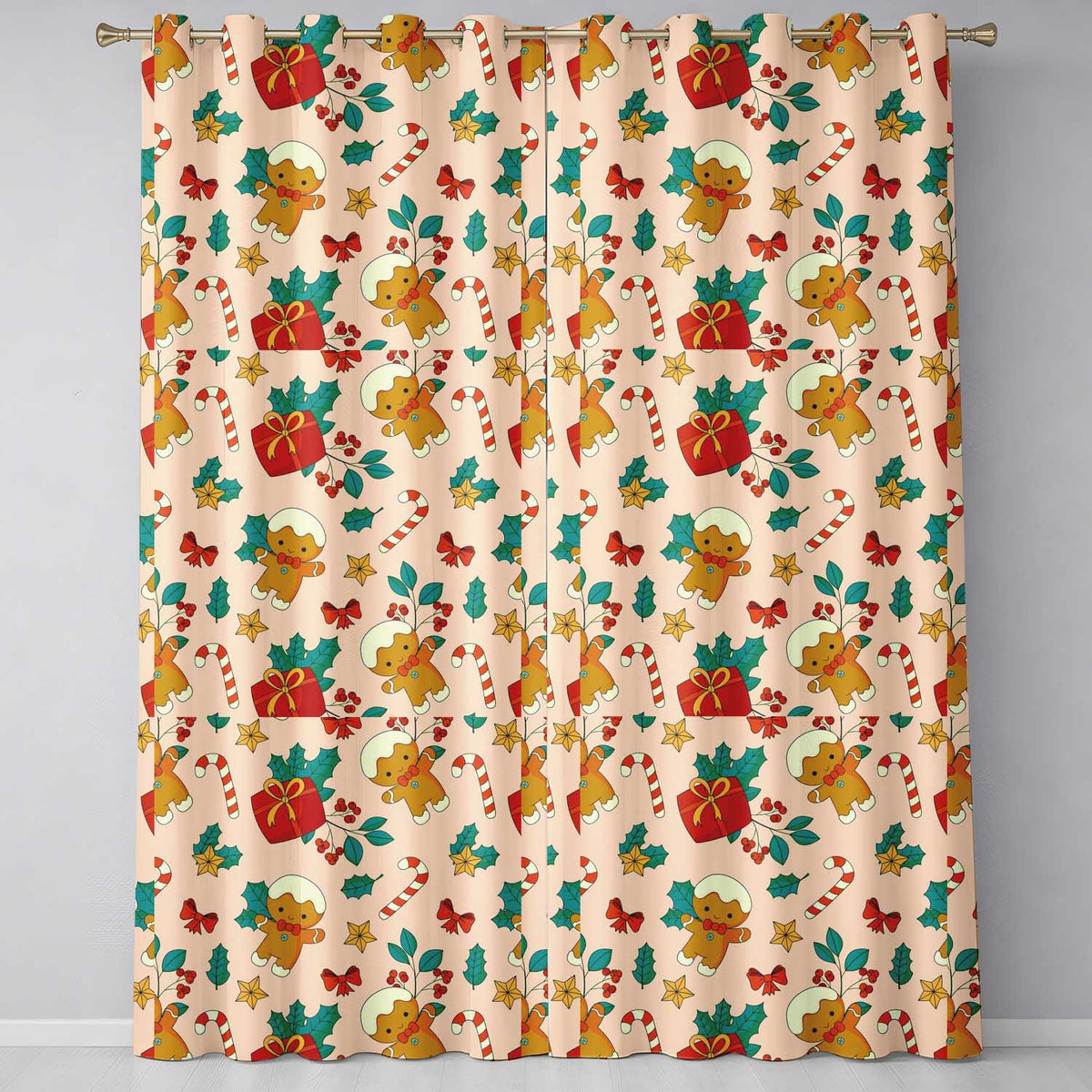 Cute Gingerbread Candy Cane Gift Seamless Pattern Readymade Eyelet Ring Top Thermal 100% Blackout Curtains
