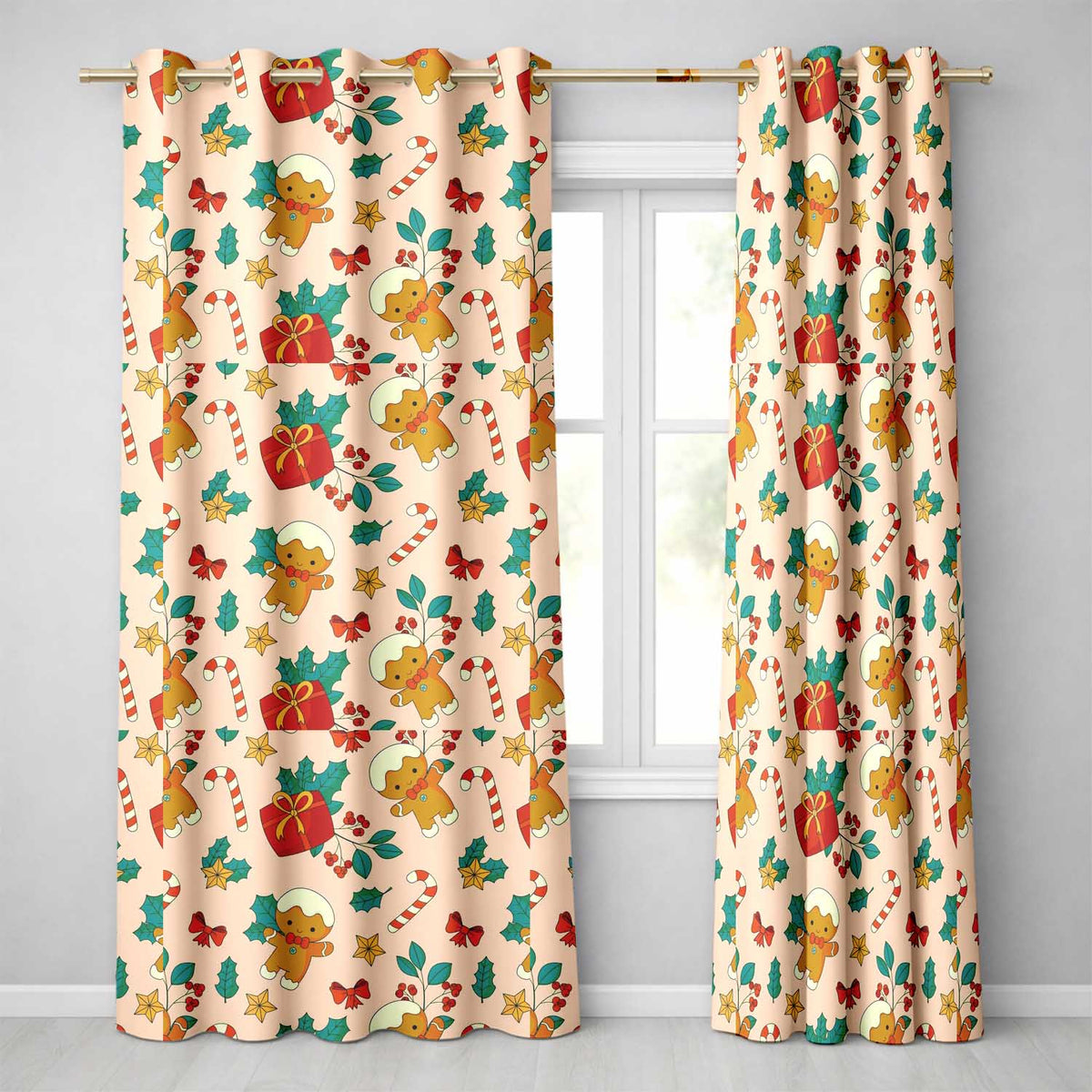 Cute Gingerbread Candy Cane Gift Seamless Pattern Readymade Eyelet Ring Top Thermal 100% Blackout Curtains