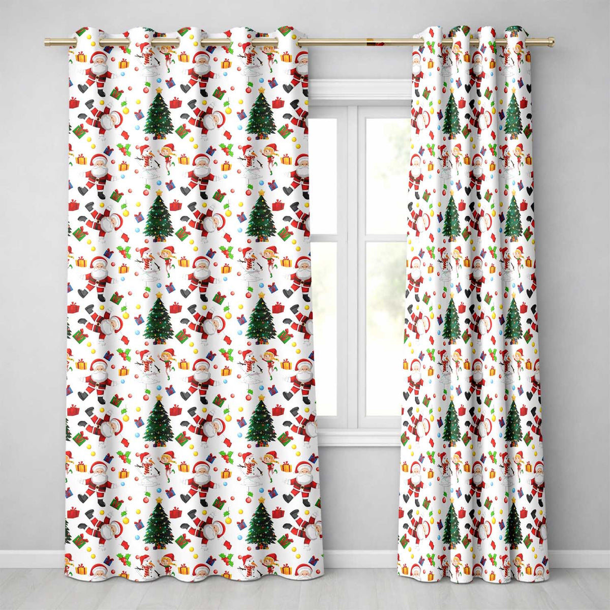 Santa Snowman Christmas Tree Gift Seamless Pattern Readymade Eyelet Ring Top Thermal 100% Blackout Curtains
