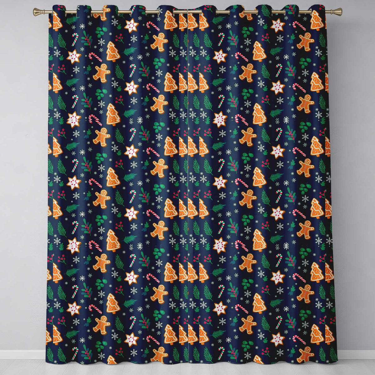 Cute Gingerbread Candy Cane Star Holly Seamless Pattern Readymade Eyelet Ring Top Thermal 100% Blackout Curtains