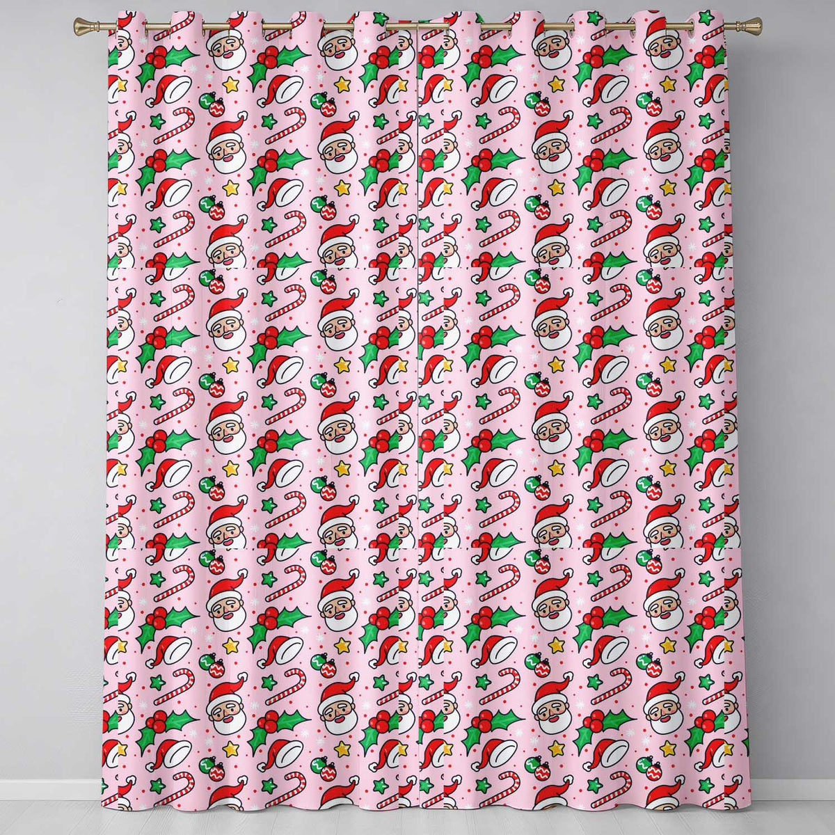 Cute Santa Holly Candy Cane Bauble Seamless Pattern Readymade Eyelet Ring Top Thermal 100% Blackout Curtains