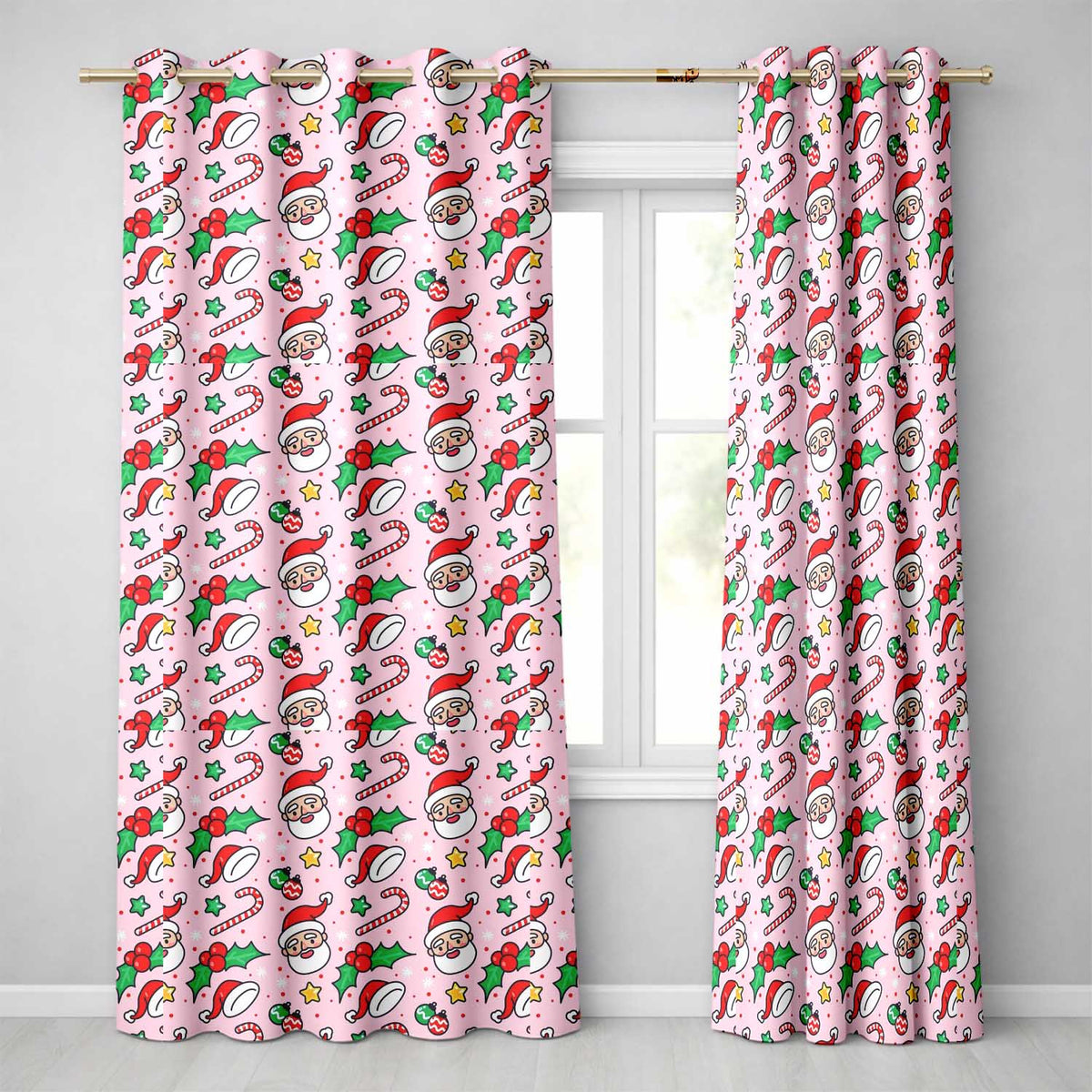 Cute Santa Holly Candy Cane Bauble Seamless Pattern Readymade Eyelet Ring Top Thermal 100% Blackout Curtains