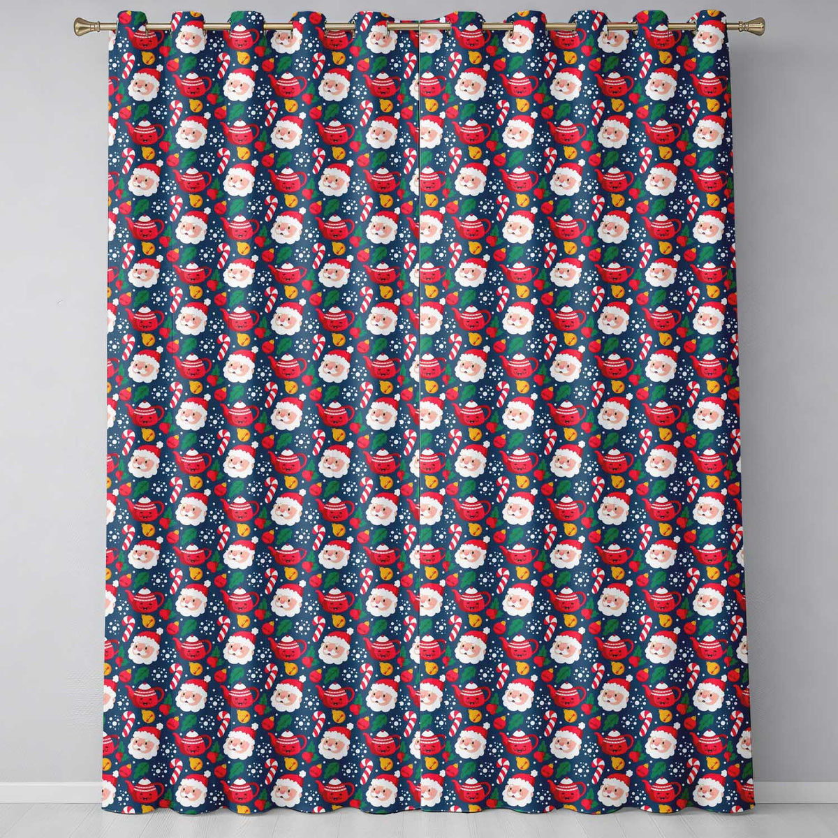 Cute Santa Teapot Candy Cane Holly Seamless Pattern Readymade Eyelet Ring Top Thermal 100% Blackout Curtains