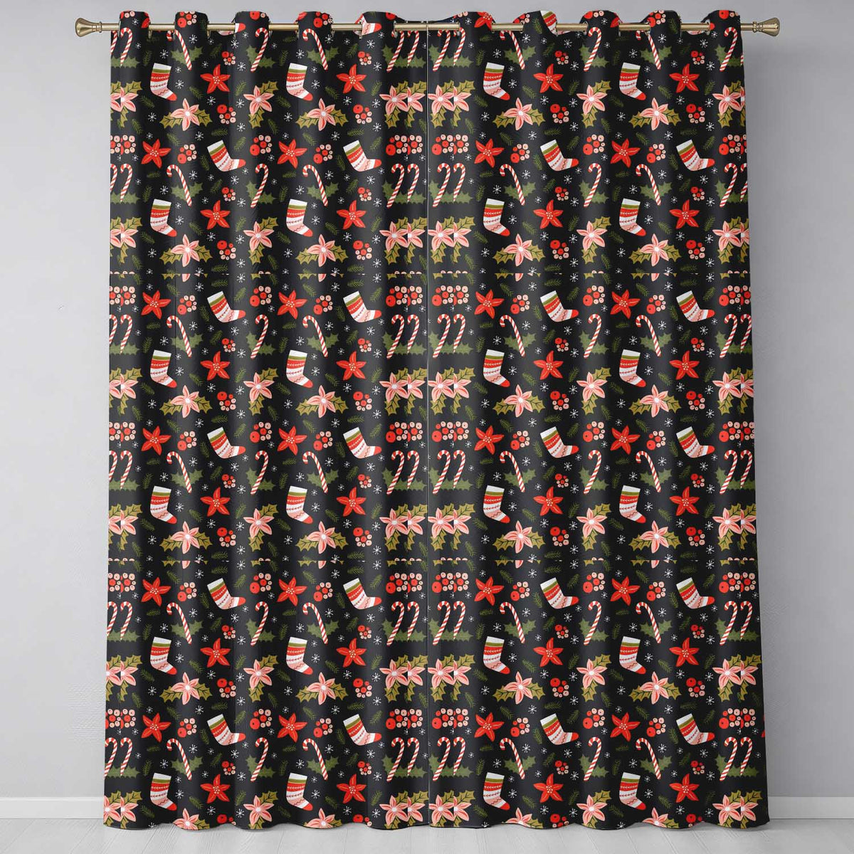 Cute Christmas Stockings Candy Canes Holly Floral Seamless Pattern Readymade Eyelet Ring Top Thermal 100% Blackout Curtains