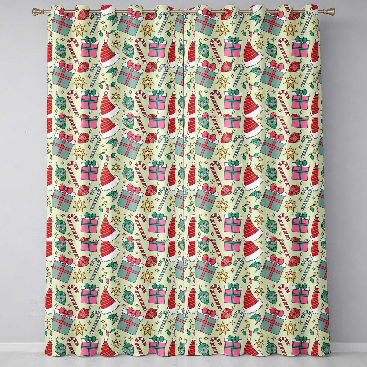 Cute Christmas Gifts Candy Canes Baubles Santa Hat Festive Seamless Pattern Readymade Eyelet Ring Top Thermal 100% Blackout Curtains