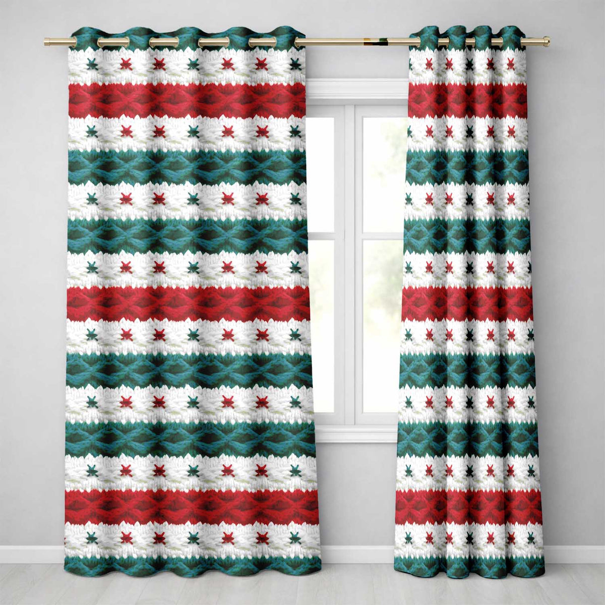 Cute Festive Knitted Texture Red Green White Cozy Seamless Pattern Readymade Eyelet Ring Top Thermal 100% Blackout Curtains