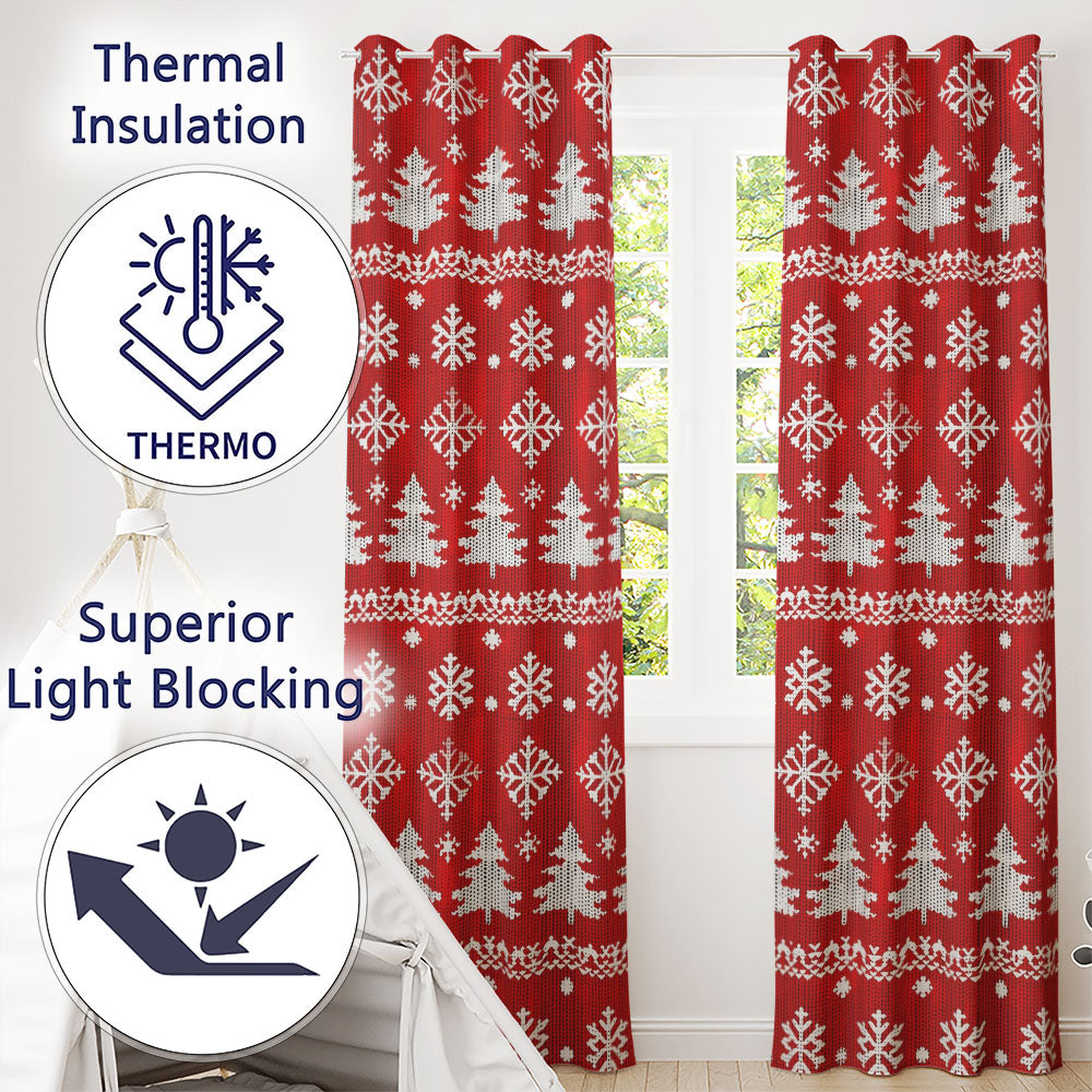 Cute Red Knitted Christmas Tree Snowflake Nordic Fair Isle Seamless Pattern Readymade Eyelet Ring Top Thermal 100% Blackout Curtains