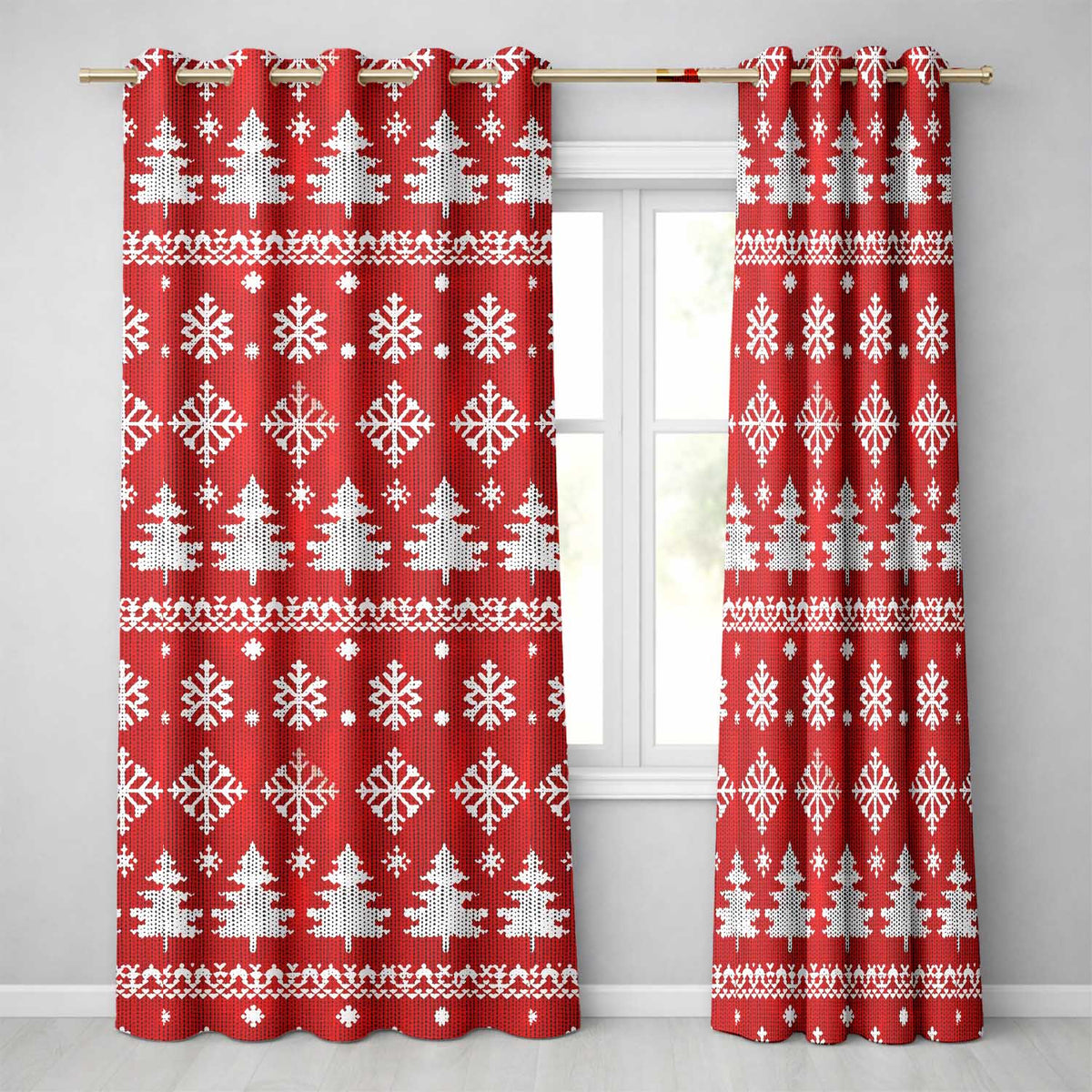 Cute Red Knitted Christmas Tree Snowflake Nordic Fair Isle Seamless Pattern Readymade Eyelet Ring Top Thermal 100% Blackout Curtains