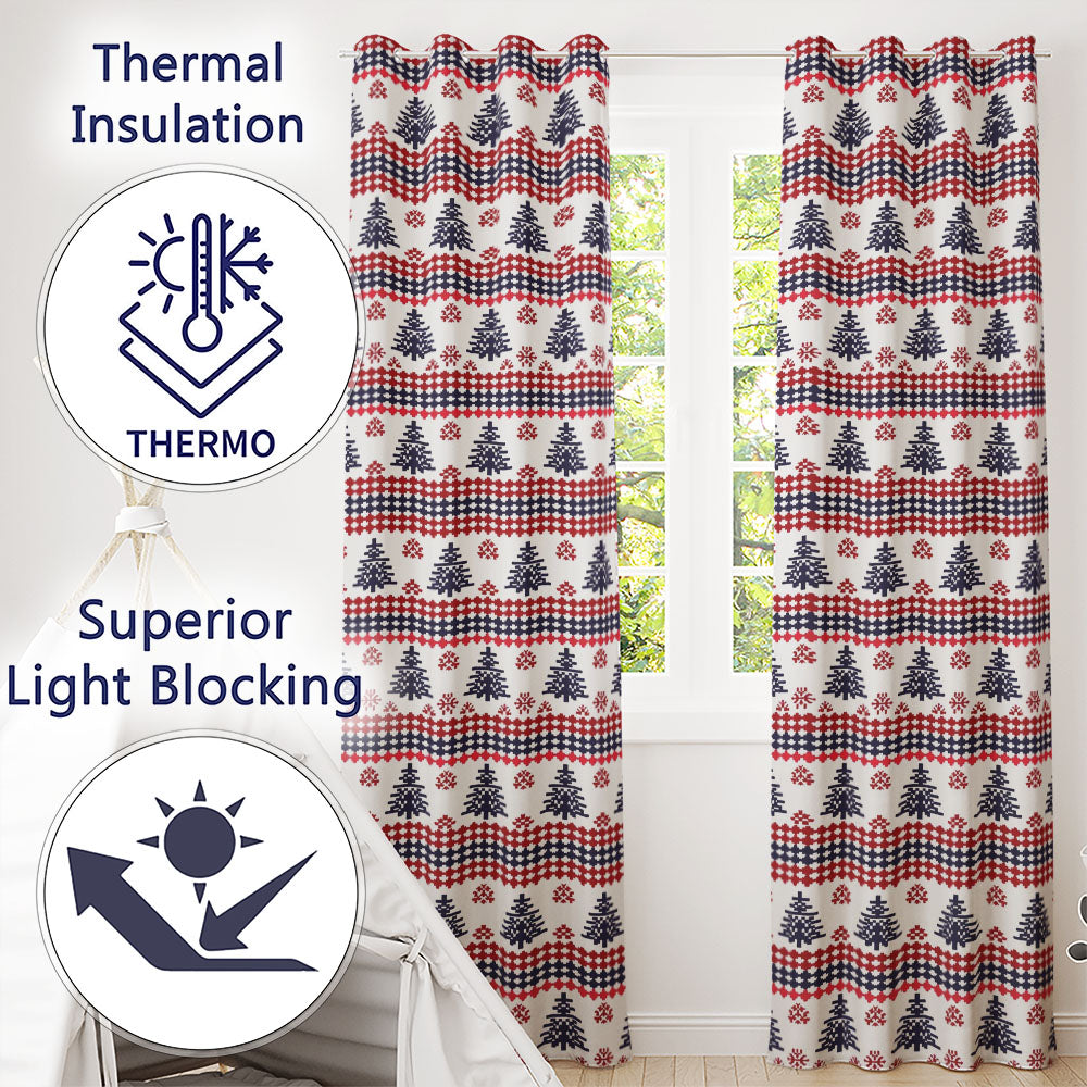 Cute Red White Blue Nordic Christmas Tree Snowflake Seamless Pattern Readymade Eyelet Ring Top Thermal 100% Blackout Curtains