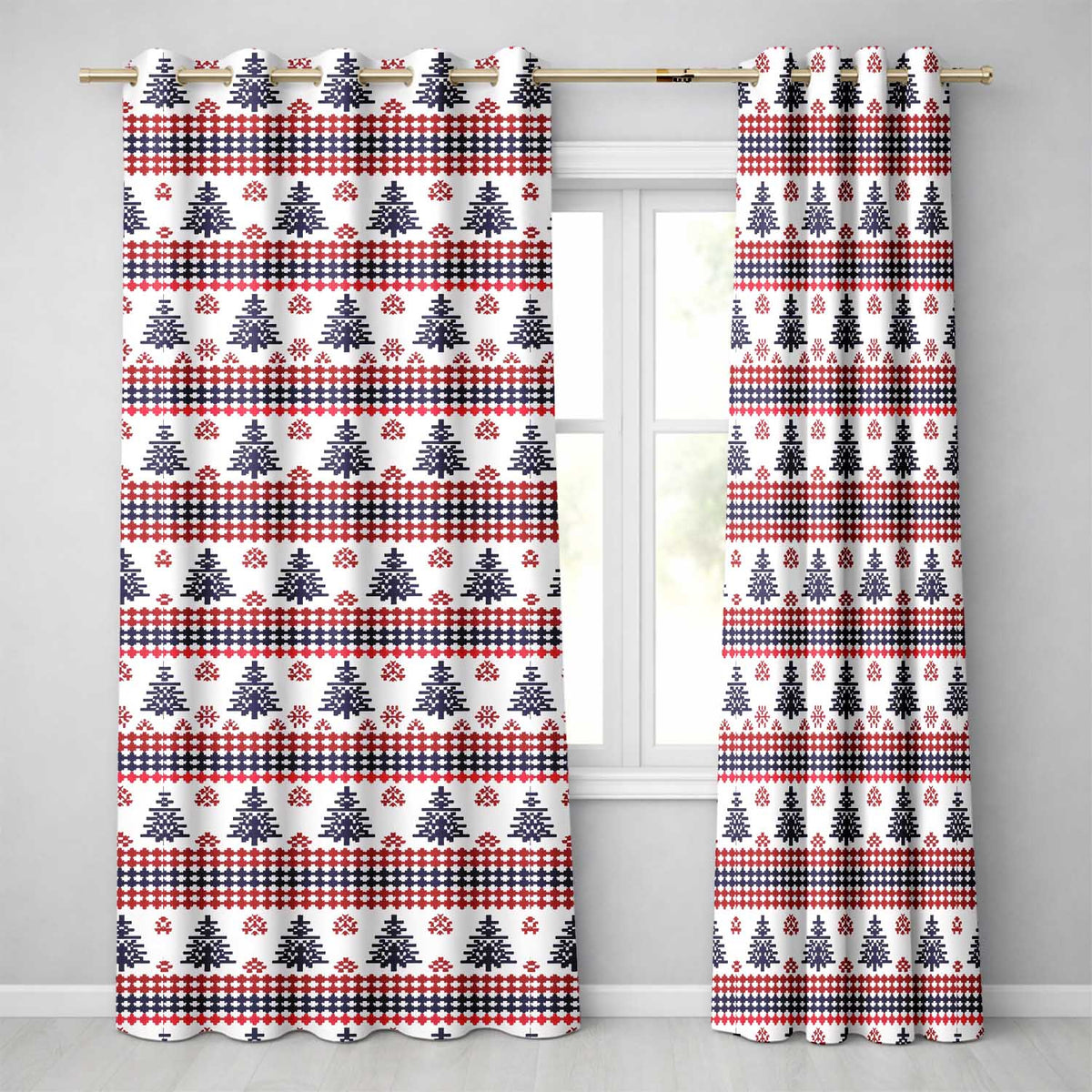Cute Red White Blue Nordic Christmas Tree Snowflake Seamless Pattern Readymade Eyelet Ring Top Thermal 100% Blackout Curtains
