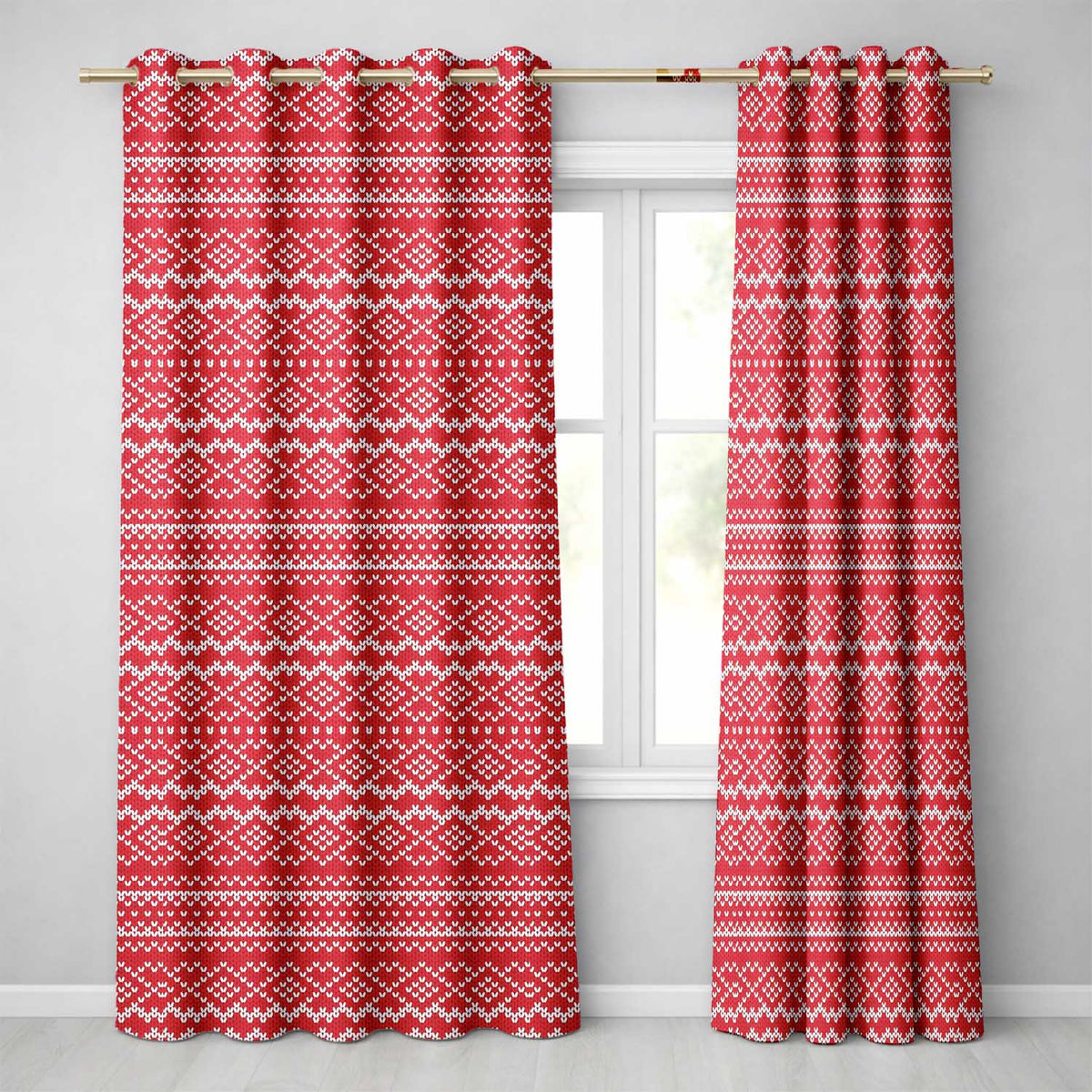 Cute Red Knitted Heart Nordic Simple Festive Seamless Pattern Readymade Eyelet Ring Top Thermal 100% Blackout Curtains