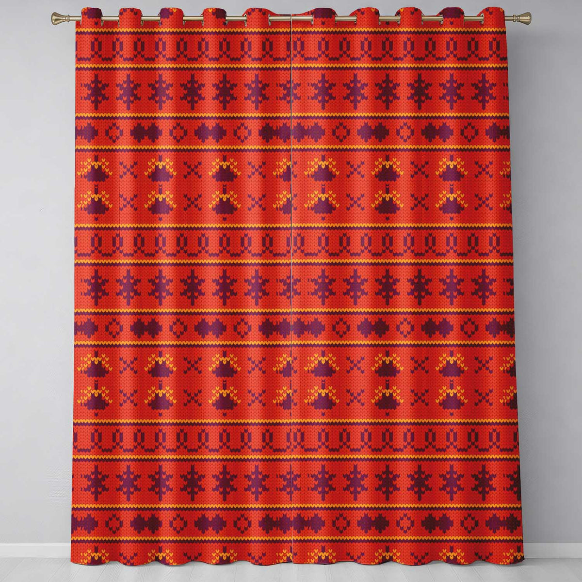Cute Red Orange Knitted Heart Nordic Warm Festive Seamless Pattern Readymade Eyelet Ring Top Thermal 100% Blackout Curtains