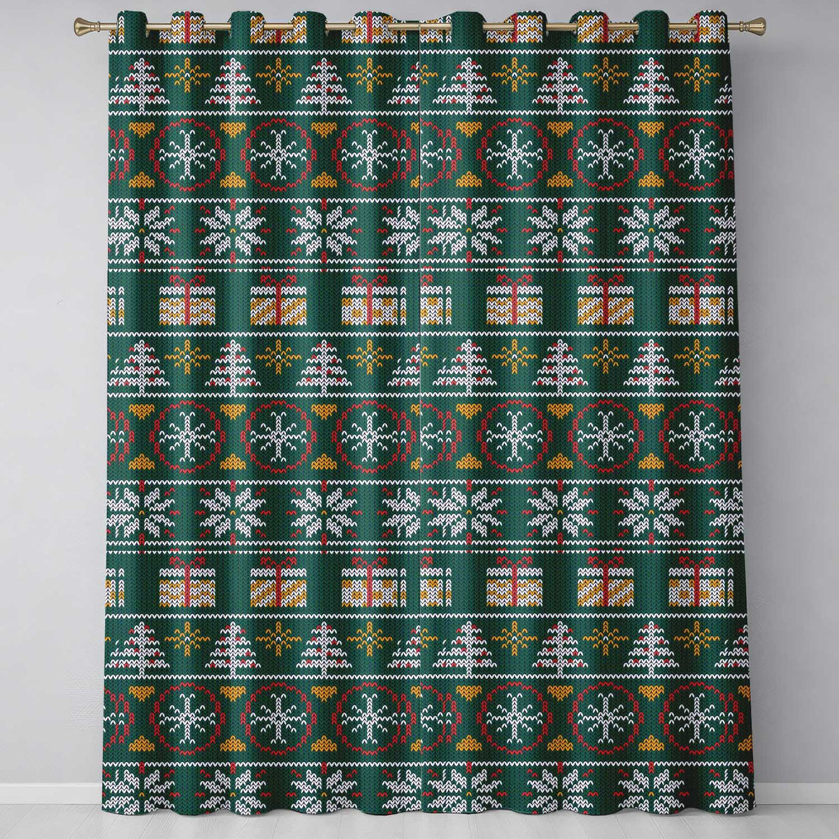 Cute Green Nordic Christmas Tree Snowflake Gift Knitted Seamless Pattern Readymade Eyelet Ring Top Thermal 100% Blackout Curtains
