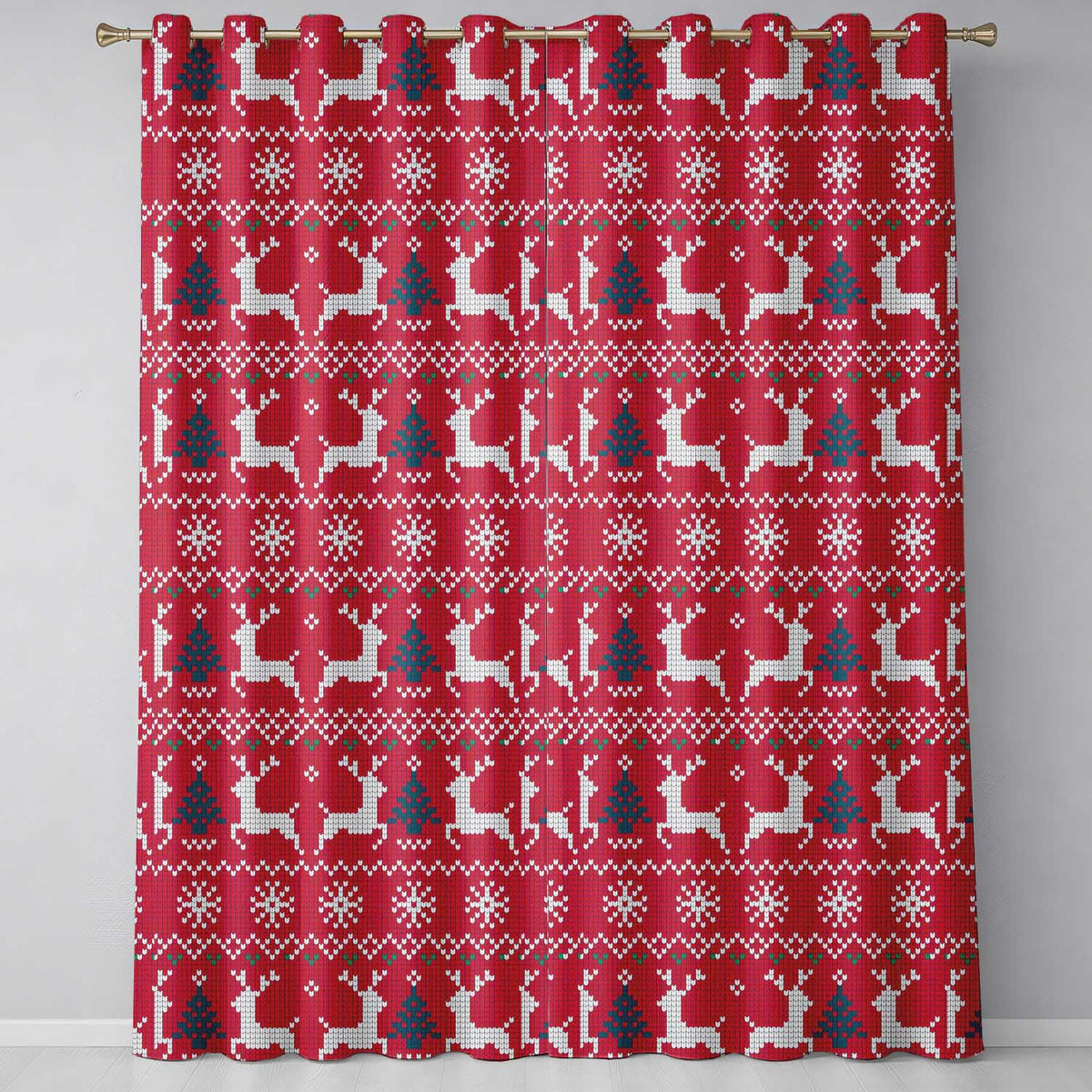 Cute Red Nordic Reindeer Snowflake Christmas Knitted Seamless Pattern Readymade Eyelet Ring Top Thermal 100% Blackout Curtains