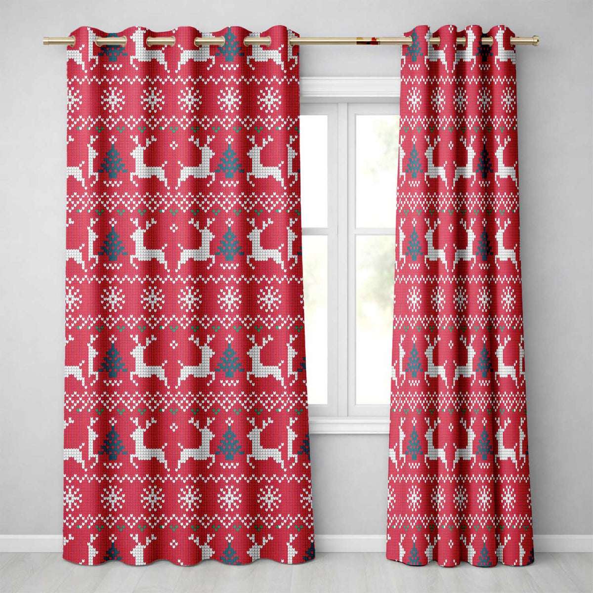 Cute Red Nordic Reindeer Snowflake Christmas Knitted Seamless Pattern Readymade Eyelet Ring Top Thermal 100% Blackout Curtains