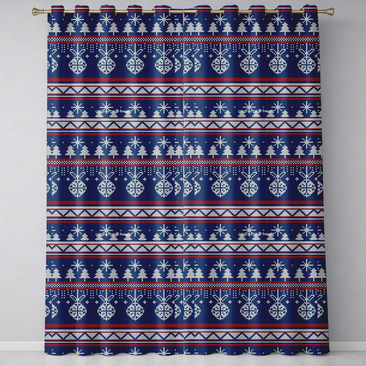 Cute Blue Nordic Ornament Snowflake Winter Knitted Seamless Pattern Readymade Eyelet Ring Top Thermal 100% Blackout Curtains