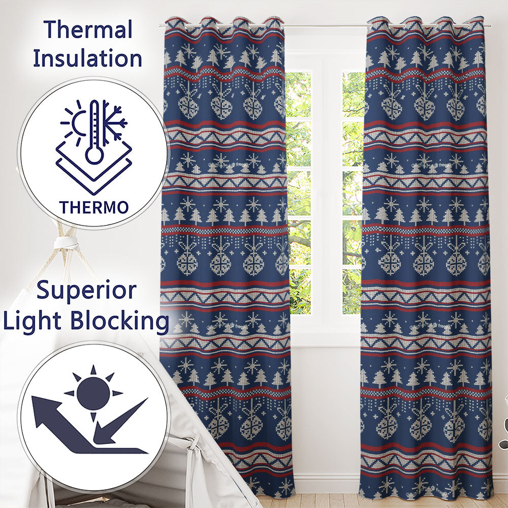 Cute Blue Nordic Ornament Snowflake Winter Knitted Seamless Pattern Readymade Eyelet Ring Top Thermal 100% Blackout Curtains